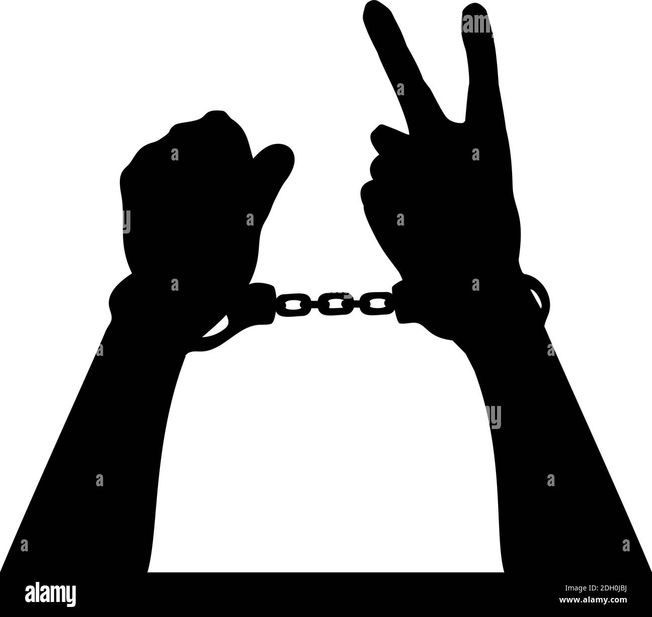 Silhouette Mann Hände mit Handschellen mit Siegeszeichen. Symbol für die Abbildung Stock Vektor