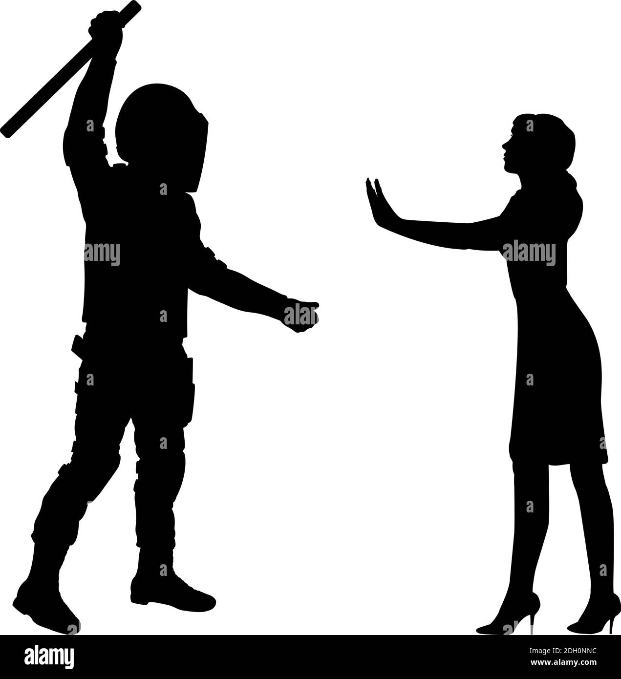 Silhouette Polizist schwang seinen Stab auf ein unbewaffnetes Mädchen. Symbol für die Abbildung Stock Vektor