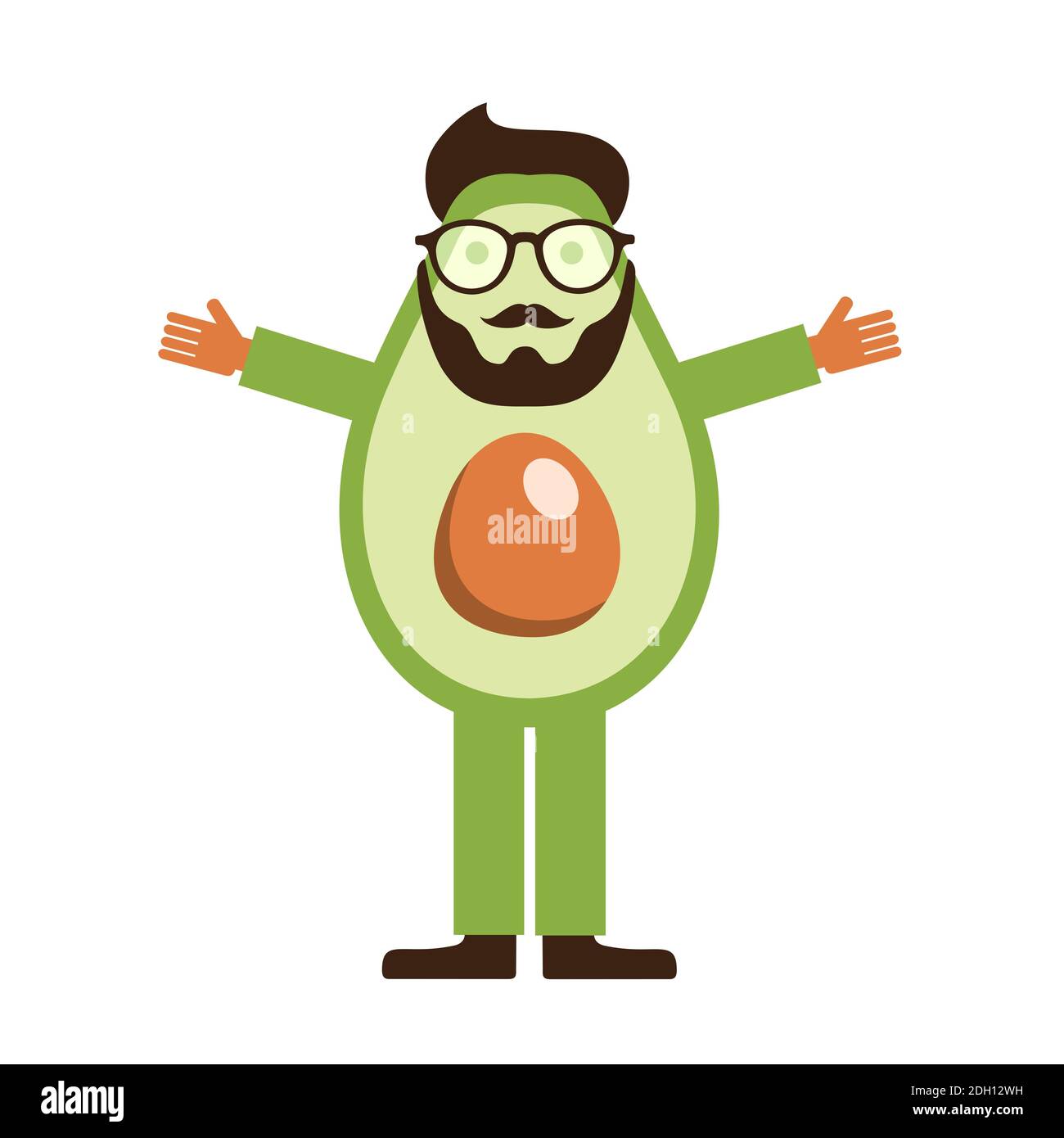 Avocado Generation - Hipster-Stil Mann mit Bart und Retro-Brille hat Körper von Avocado. Stilvoll und modisch Millennial Stockfoto