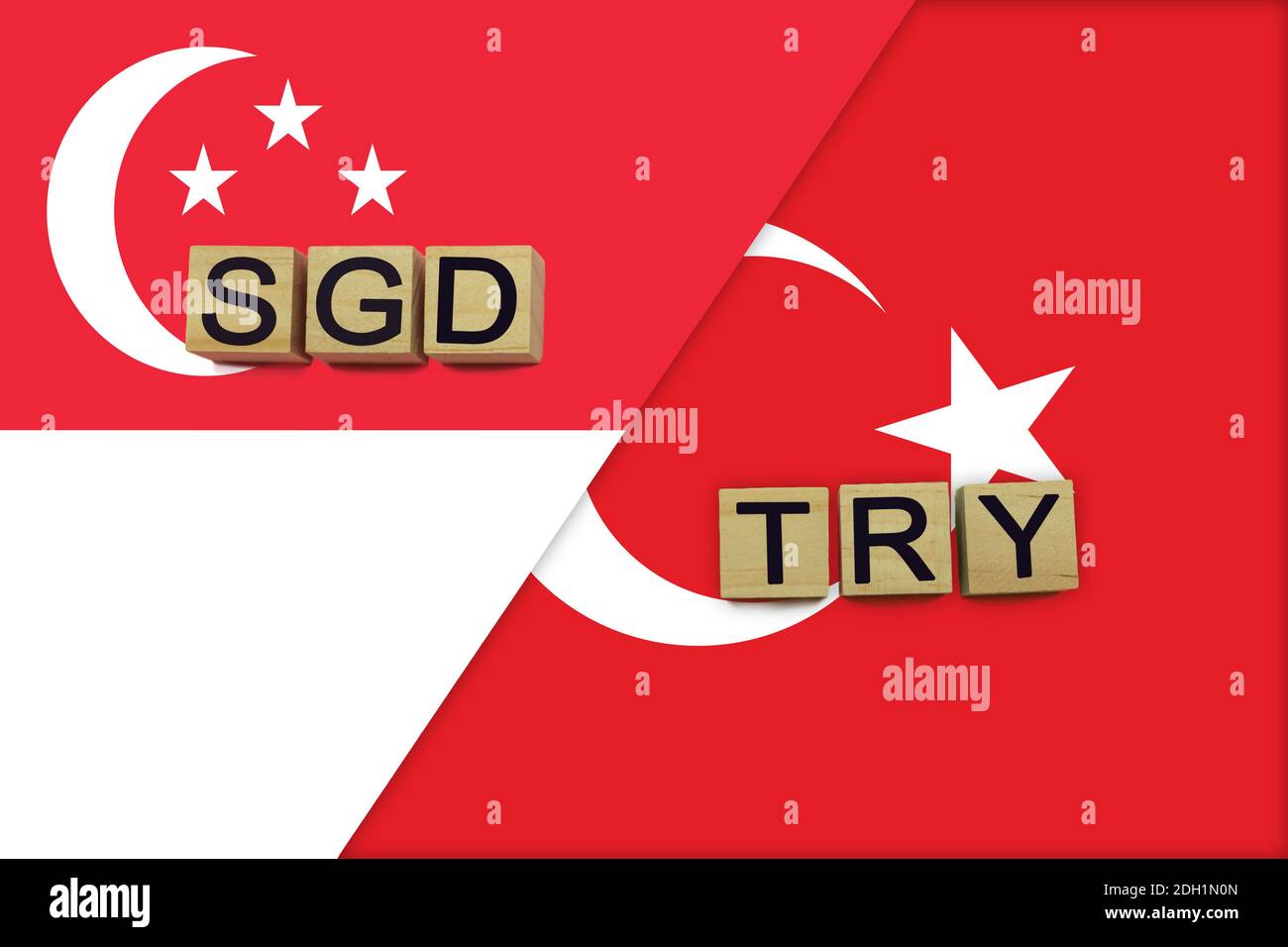 Singapur und Türkei Währungen Codes auf nationalen Flaggen Hintergrund. Internationales Geldtransferkonzept Stockfoto