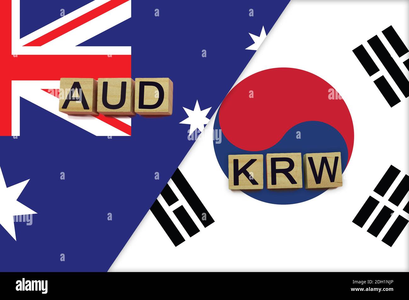 Australien und Südkorea Währungen Codes auf nationalen Flaggen Hintergrund. Internationales Geldtransferkonzept Stockfoto