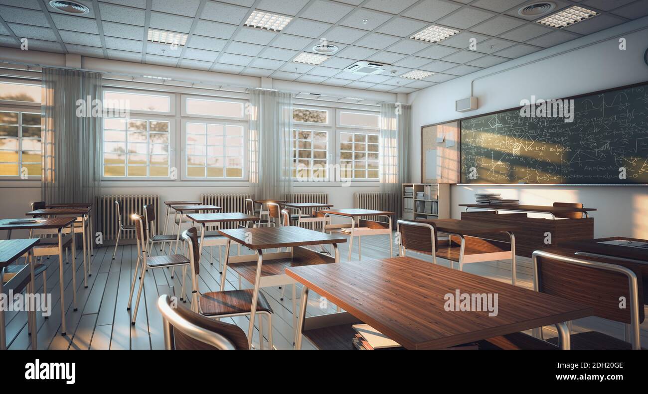 Interieur eines Schulklassenzimmers, Holzboden und Schreibtische. Konzept der Bildung und des Lernens. 3d-Rendering Stockfoto
