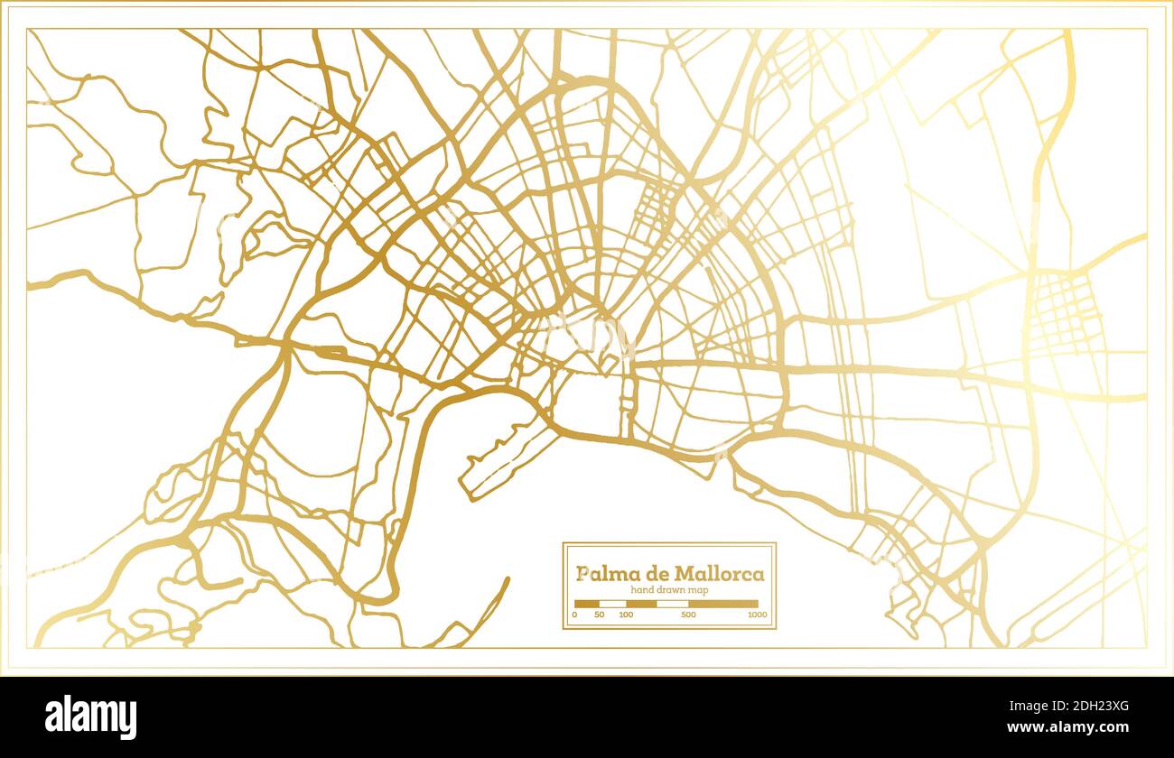 Palma de Mallorca Spanien Stadtplan im Retro-Stil in goldenen Farben. Übersichtskarte. Vektorgrafik. Stock Vektor