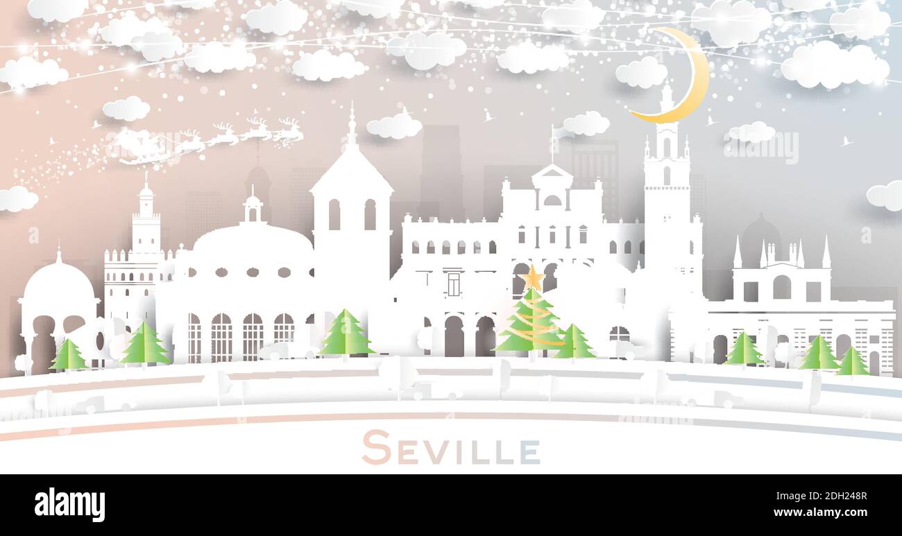 Sevilla Spanien City Skyline in Paper Cut Style mit Schneeflocken, Mond und Neon Girlande. Vektorgrafik. Weihnachts- und Neujahrskonzept. Stock Vektor