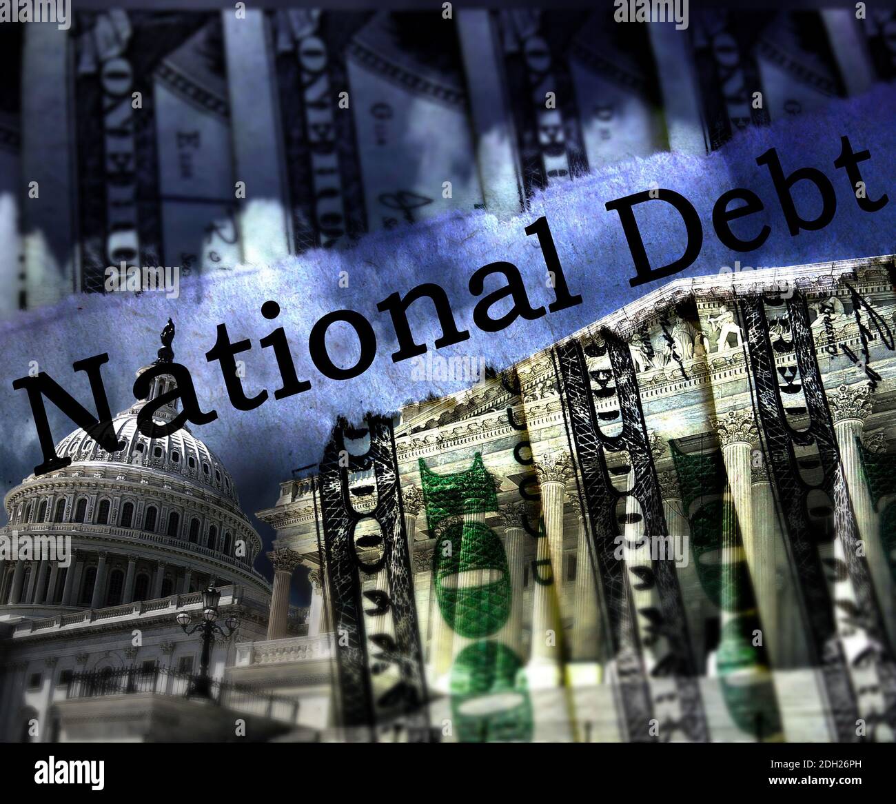 Washington DC National Debt Text und hundert Dollar Scheine Stockfoto