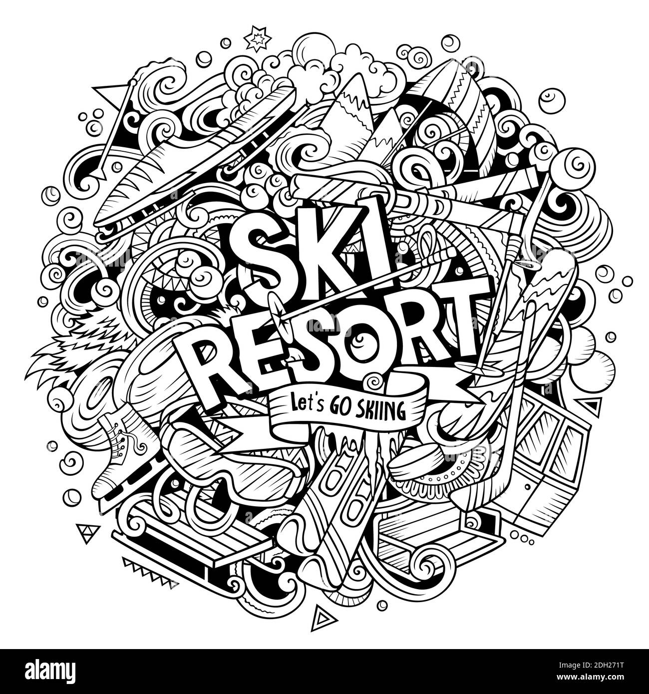Ski Resort Handgezeichnete Cartoon-Kritzeleien Illustration. Lustige Objekte und Elemente Poster Design. Stockfoto