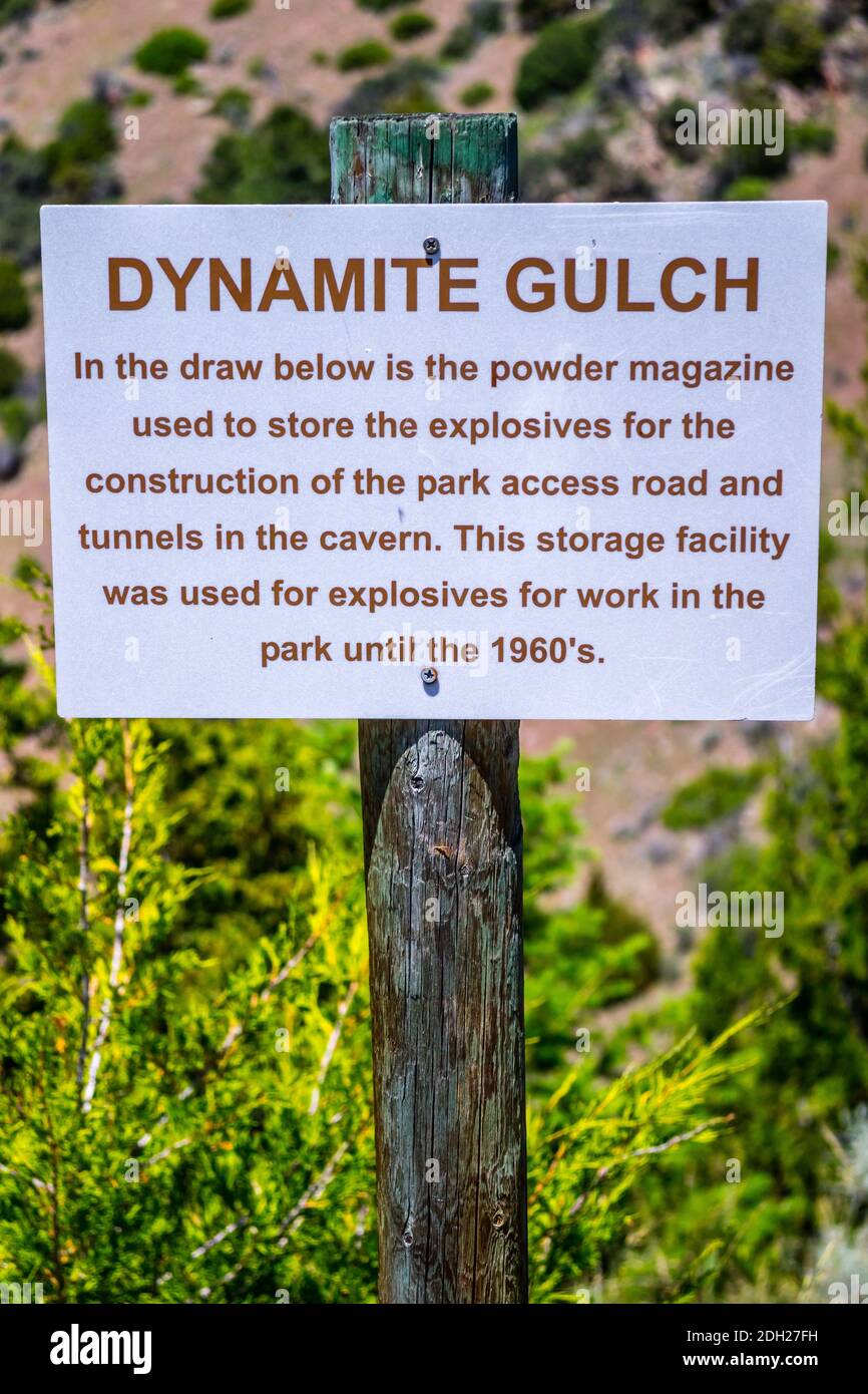 Eine Beschreibungstafel des Lagerhauses in Lewis and Clark Caverns NP, Montana Stockfoto