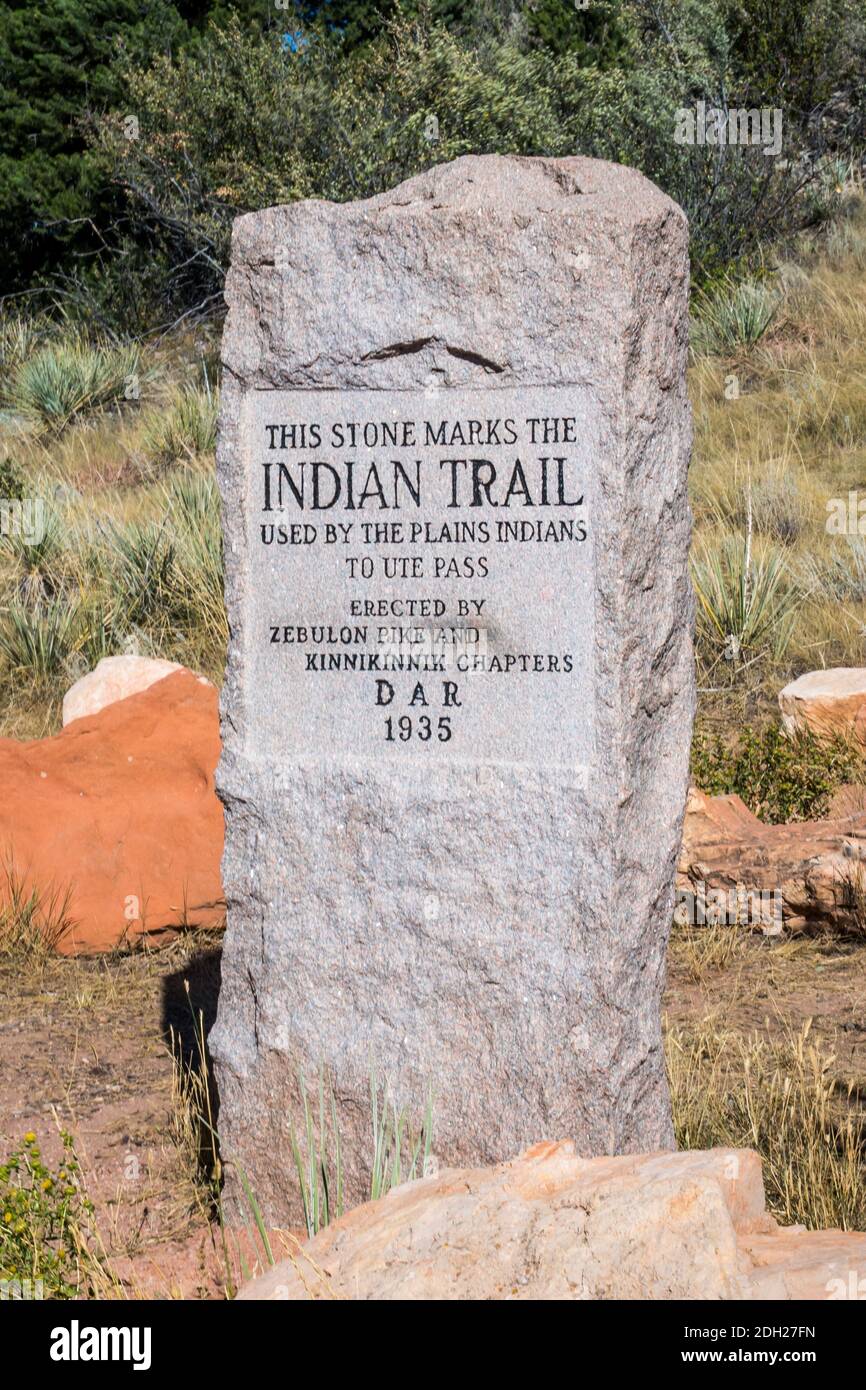 Ein Grabstein für das historische Wahrzeichen von Garden of the Gods, Colorado Stockfoto
