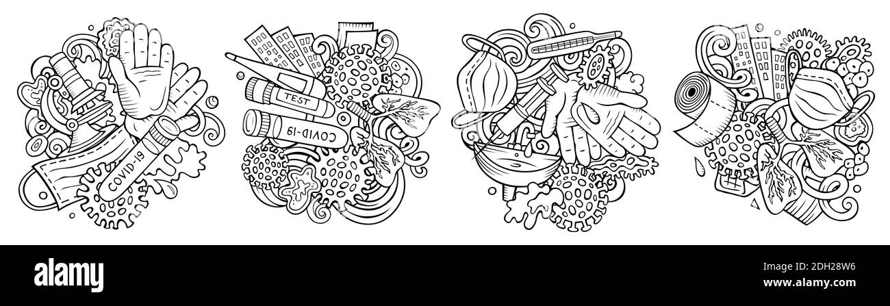 Epidemic Cartoon Raster Doodle Designs gesetzt. Skizzenhafte detailreiche Kompositionen mit vielen Coronavirus-Objekten und Symbolen. Isoliert auf weißen Abbildungen Stockfoto