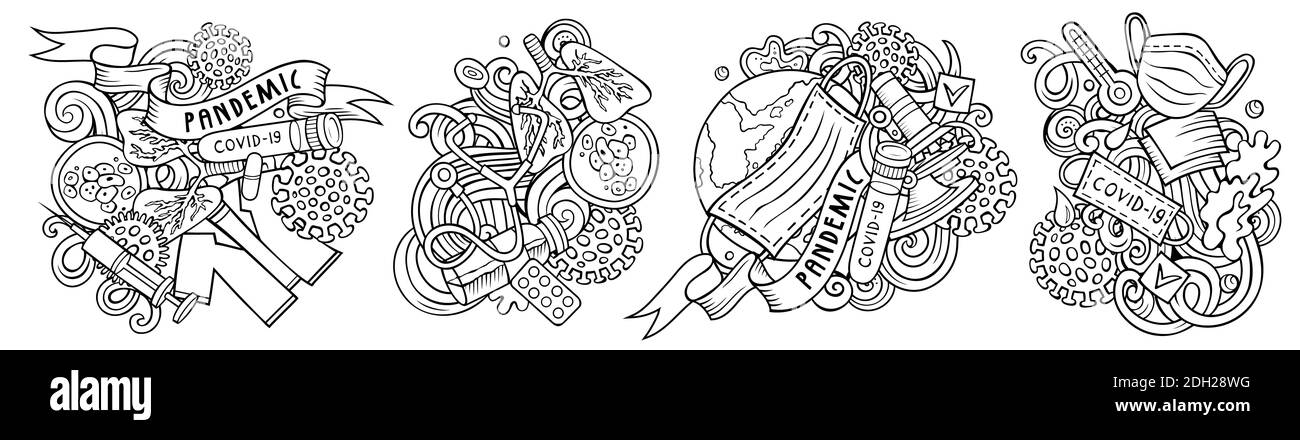 Epidemic Cartoon Raster Doodle Designs gesetzt. Skizzenhafte detailreiche Kompositionen mit vielen Coronavirus-Objekten und Symbolen. Isoliert auf weißen Abbildungen Stockfoto