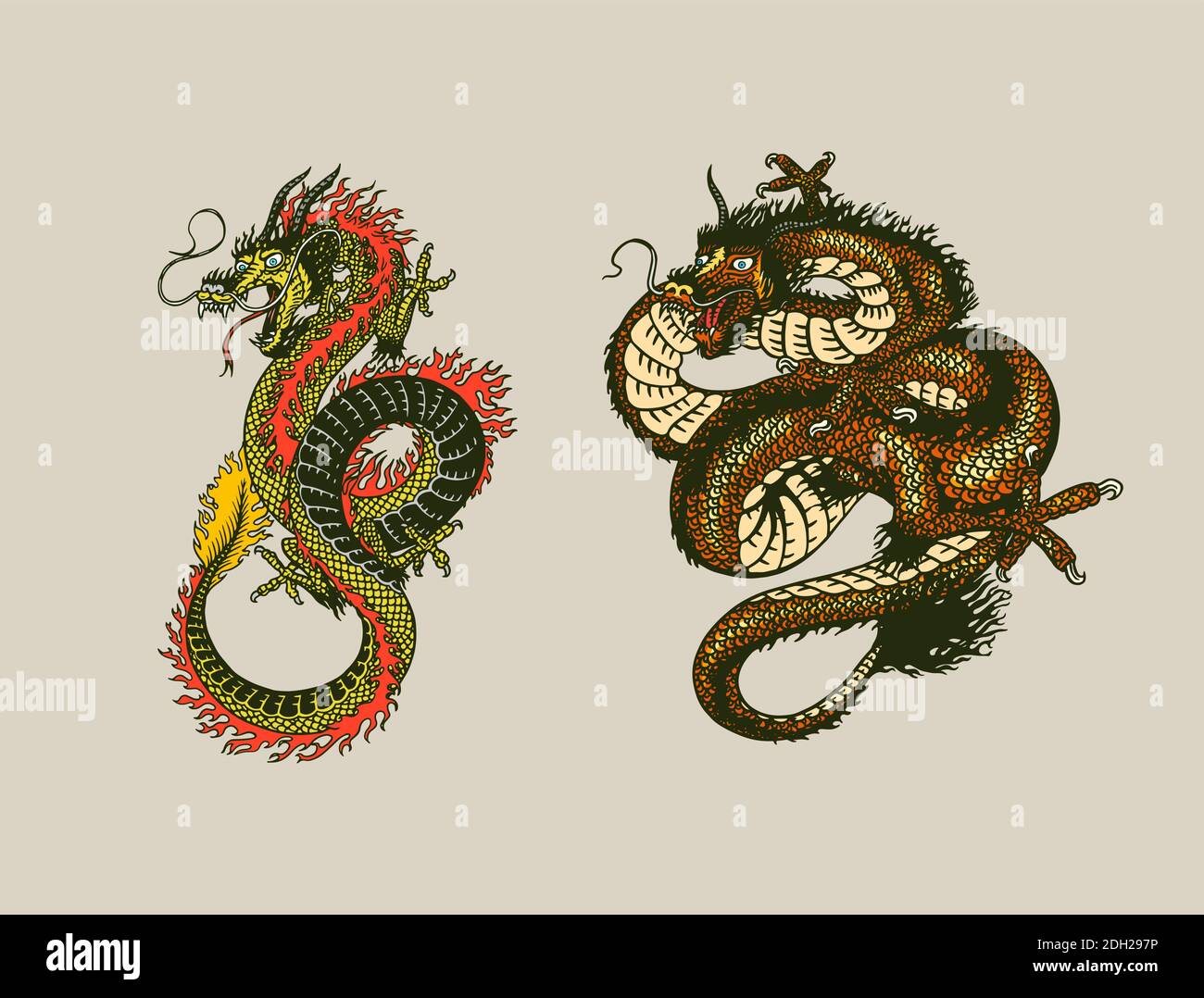 Japanischer Drache. Mythologisches Tier oder traditionelles asiatisches Reptil. Symbol für Tattoo oder Etikett. Graviert Hand gezeichnet Linie Kunst Vintage alt monochrom Stock Vektor