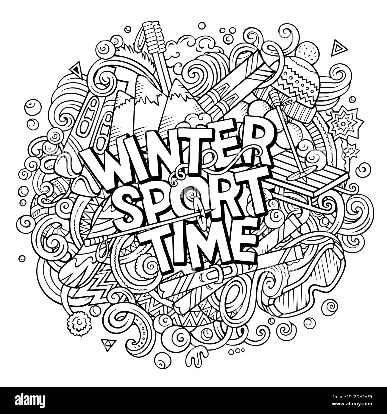 Winter Sports handgezeichnete Cartoon-Kritzeleien Illustration. Lustige Objekte und Elemente Poster Design. Kalte Jahreszeit Outdoor-Aktivitäten Elemente und Objekte c Stockfoto