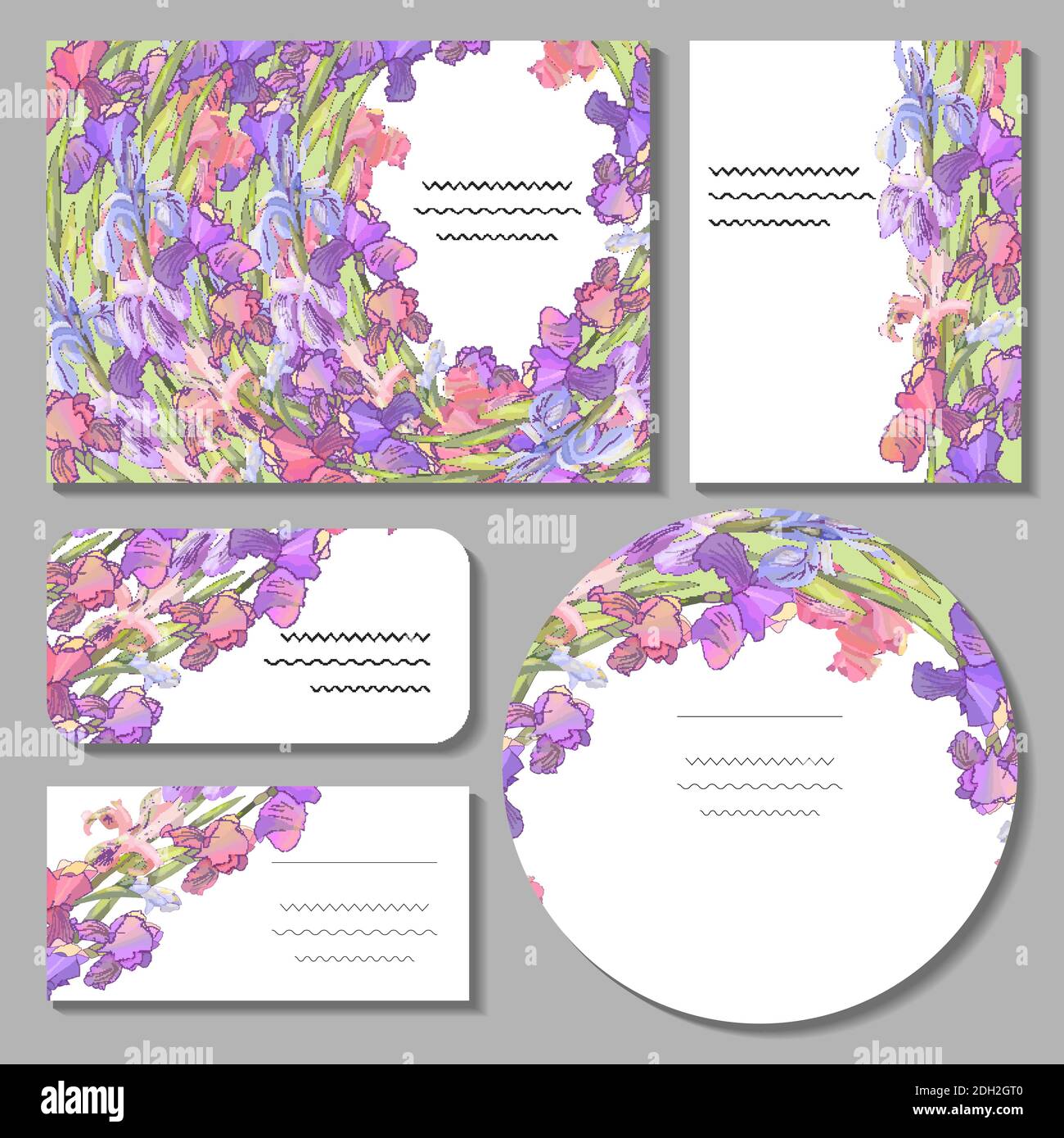 Set mit floralen romantischen Vorlagen. Iris. Für Design-Geschenkboxen, Ankündigungen, Postkarten, Poster, Einladungen, Visitenkarte. Stock Vektor