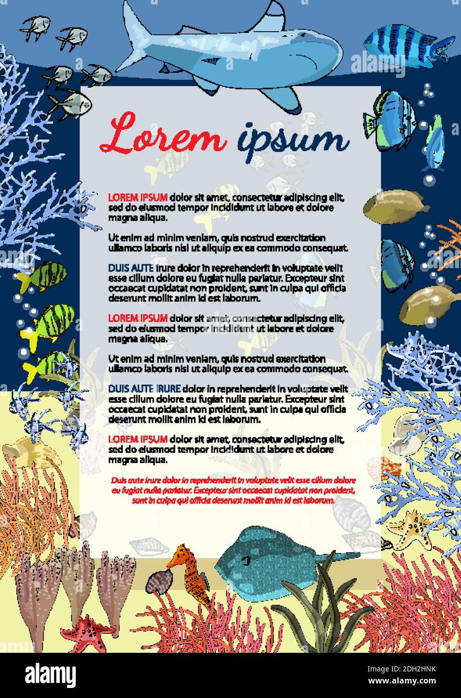 Unterwasser Banner mit exotischen Fischen, Seepferdchen, Korallen in Schwarz. Hand vector gezeichnet Stock Vektor