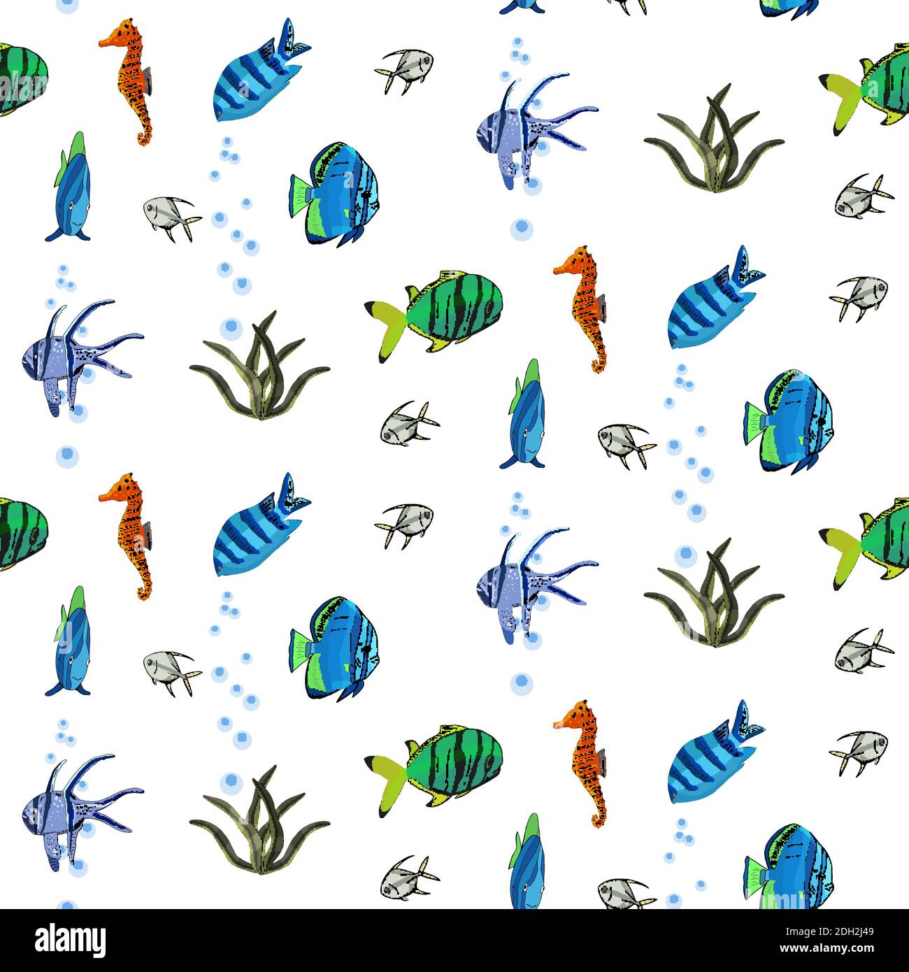 Unterwasser nahtlose Muster mit exotischen Fischen, Seepferdchen, Korallen in Schwarz. Hand vector gezeichnet Stock Vektor