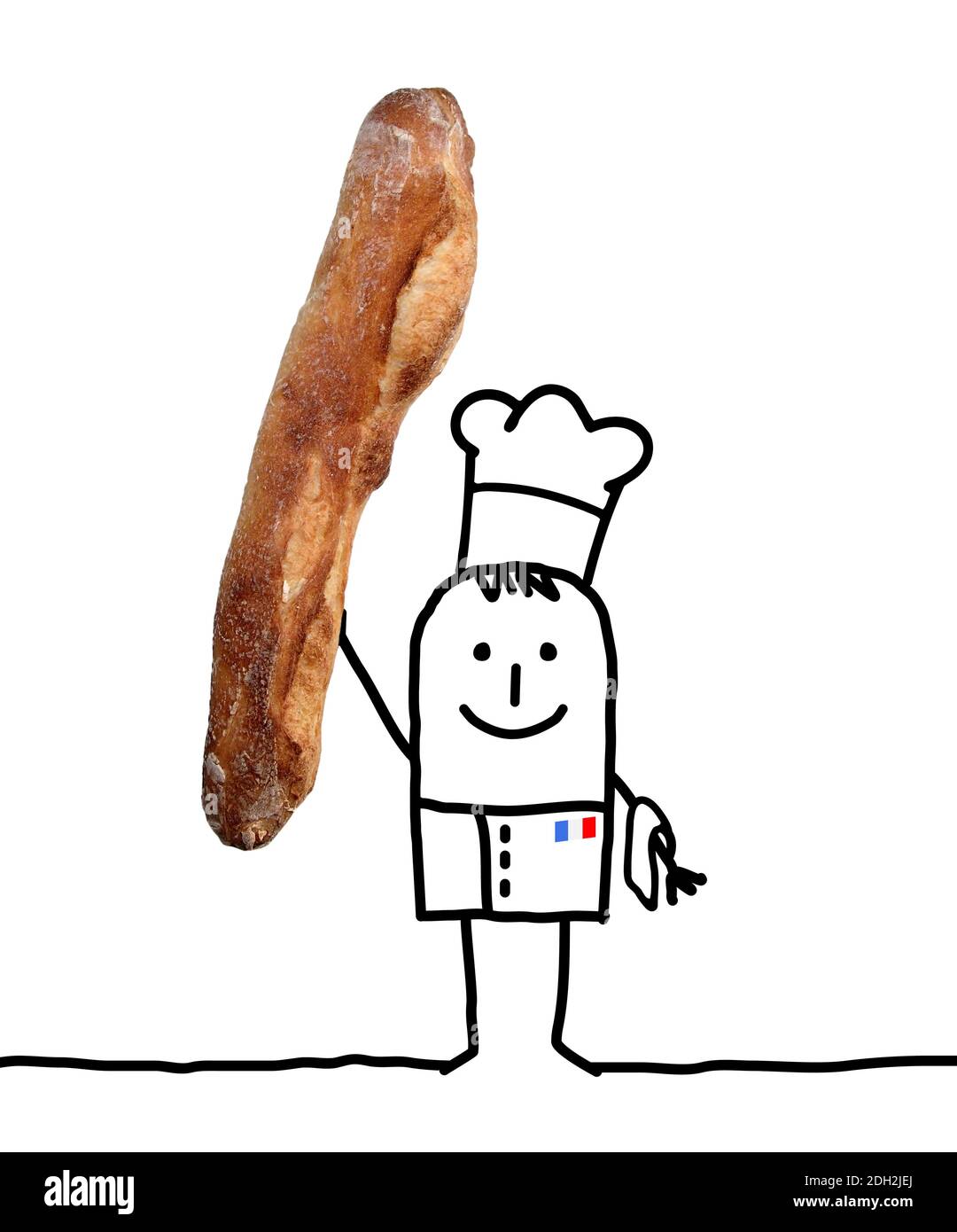 Hand gezeichnet Cartoon Baker Chef mit großen französisch Baguette in Hand - Collage Stockfoto