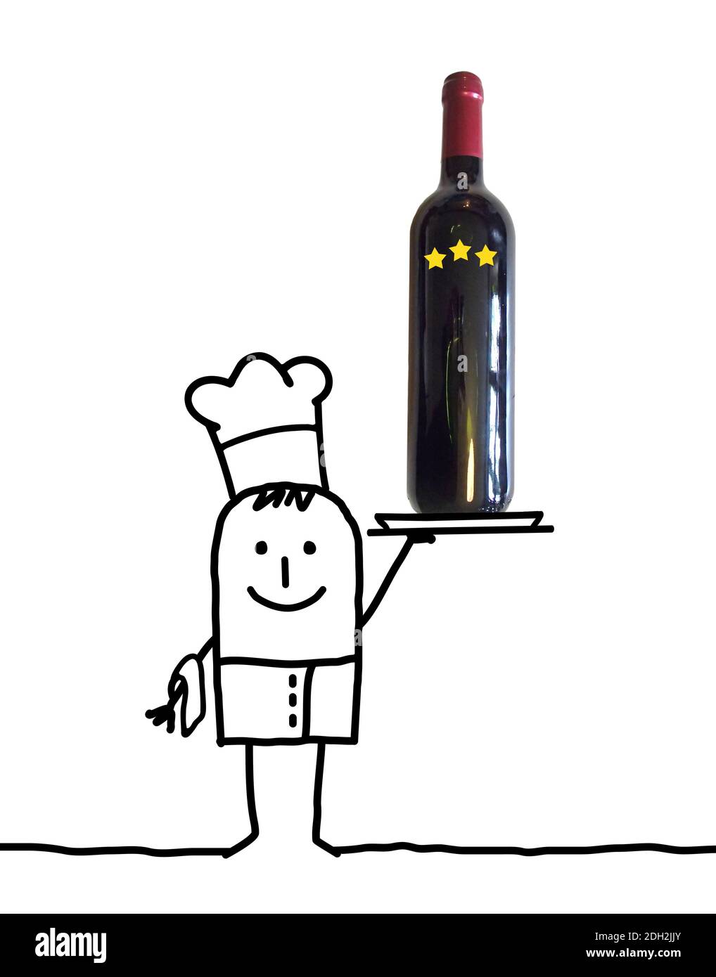 Handgezeichneter Cartoon Chef Kellner mit großer Flasche Wein In einem Tablett - Collage Stockfoto