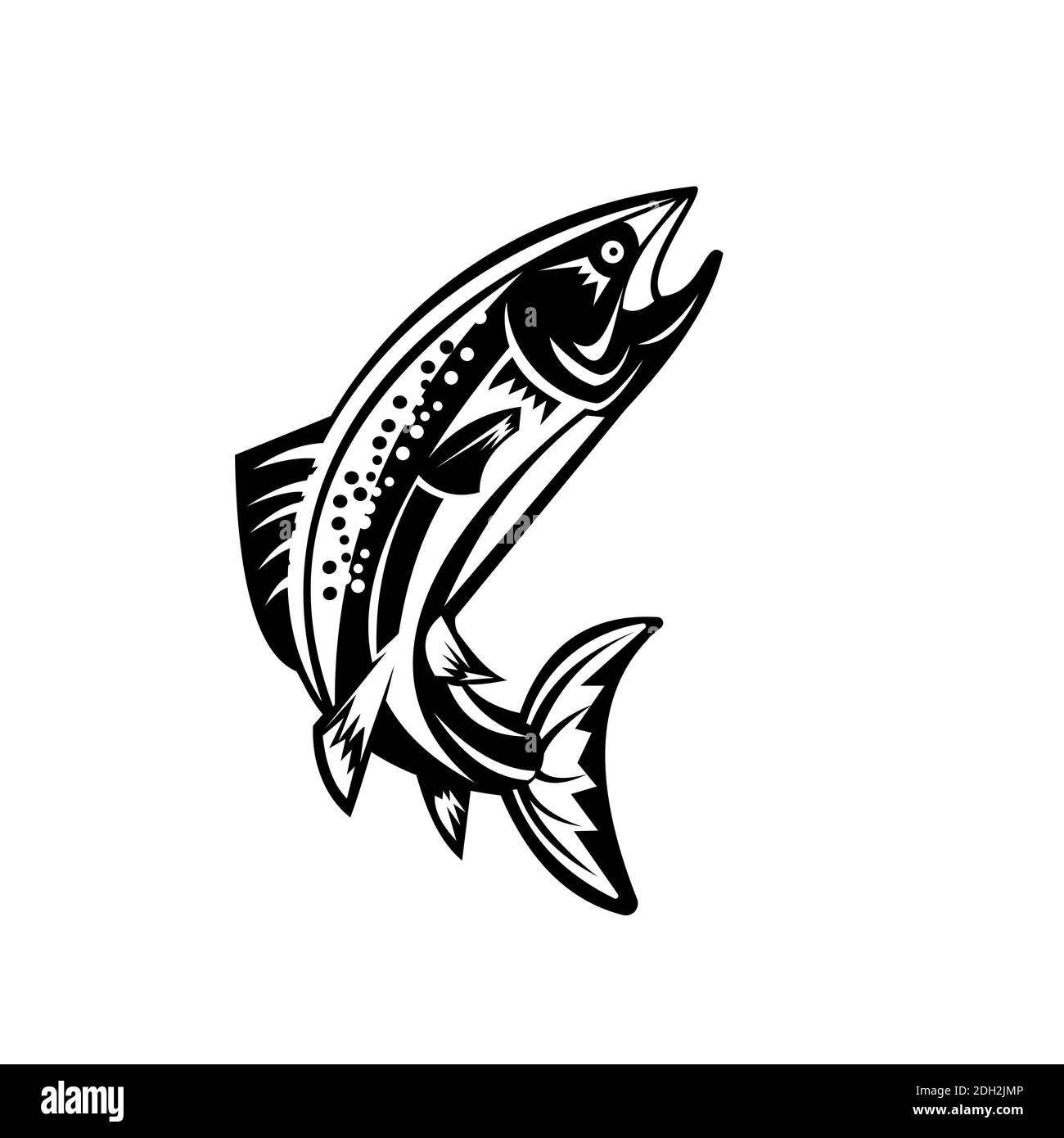 Forelle Fisch Springen Holzschnitt Retro Schwarz und Weiß Stockfoto