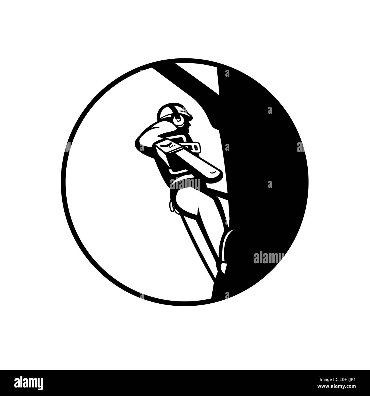 Baumchirurg Baumpflege Chainsaw Circle Retro Schwarz und Weiß Stockfoto