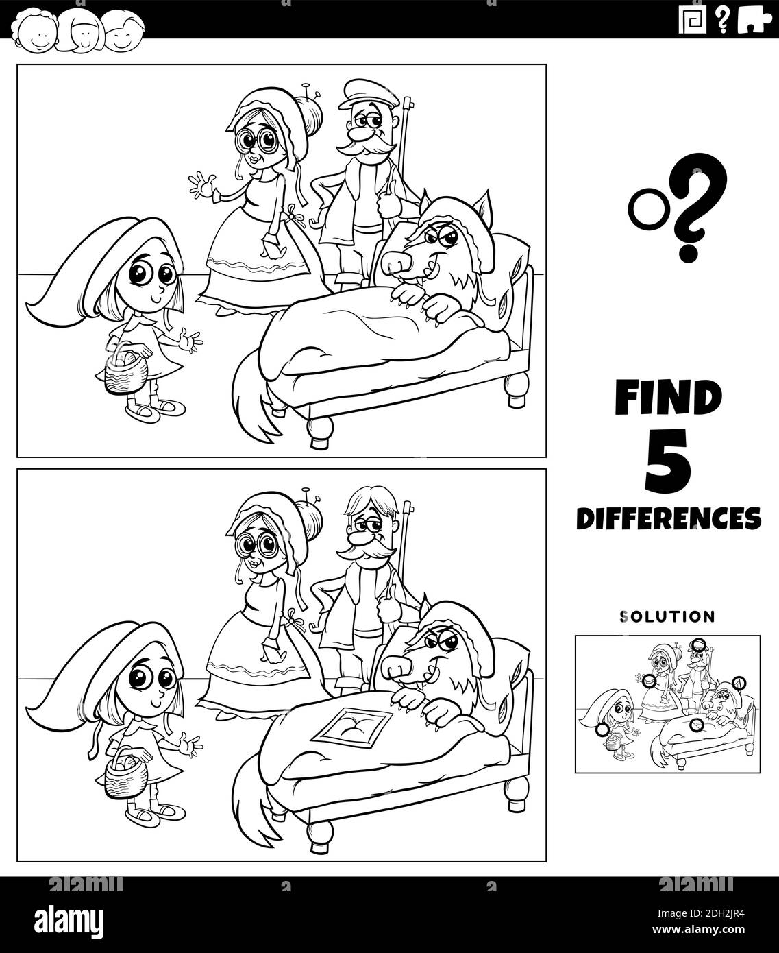 Schwarz-Weiß-Cartoon-Illustration der Suche nach den Unterschieden zwischen Bilder Lernspiel für Kinder mit Rotkäppchen Und Wolf und Stock Vektor