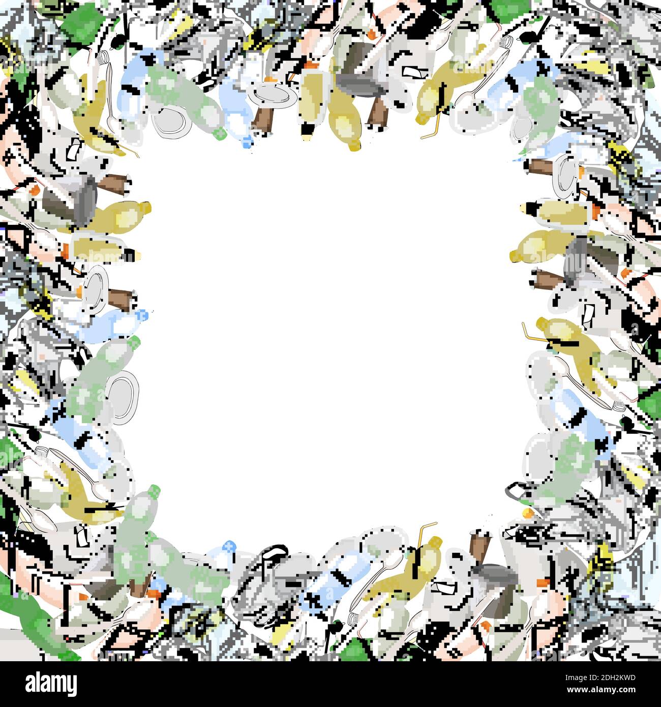 Verschiedene Arten von Müll. Quadratischer Rahmen. Das Konzept der Ökologie und der Welttag der Reinigung. Stock Vektor