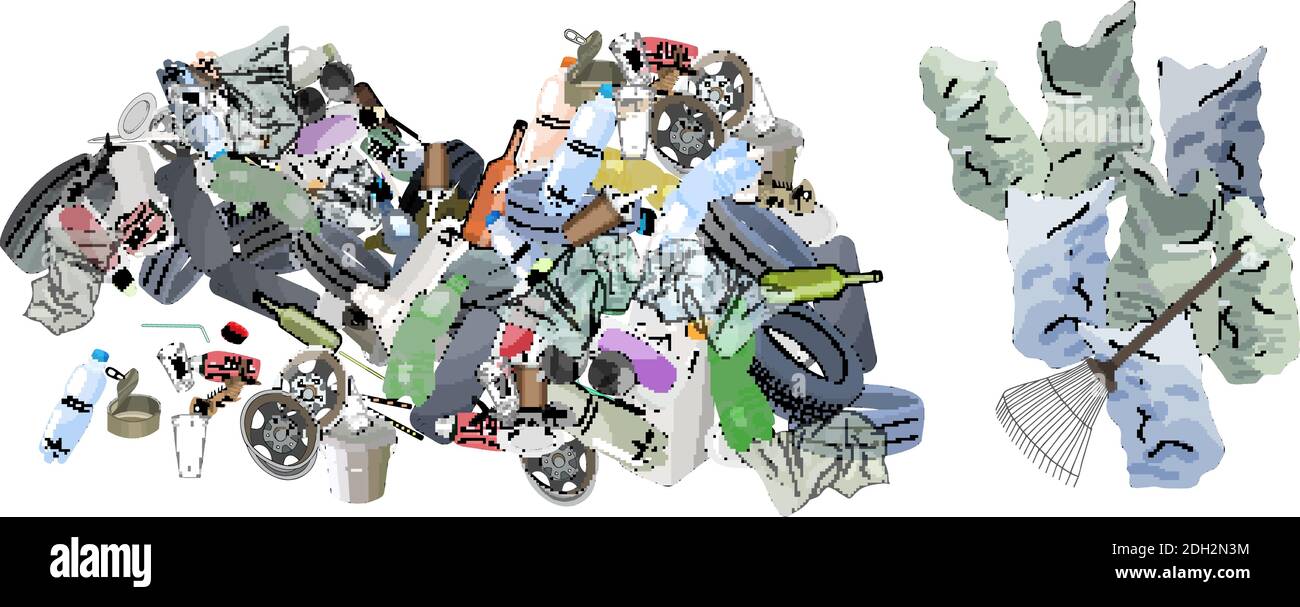 Müllhaufen, Müllsäcke und Rechen. Das Konzept der Ökologie und der Welttag der Reinigung. Stock Vektor