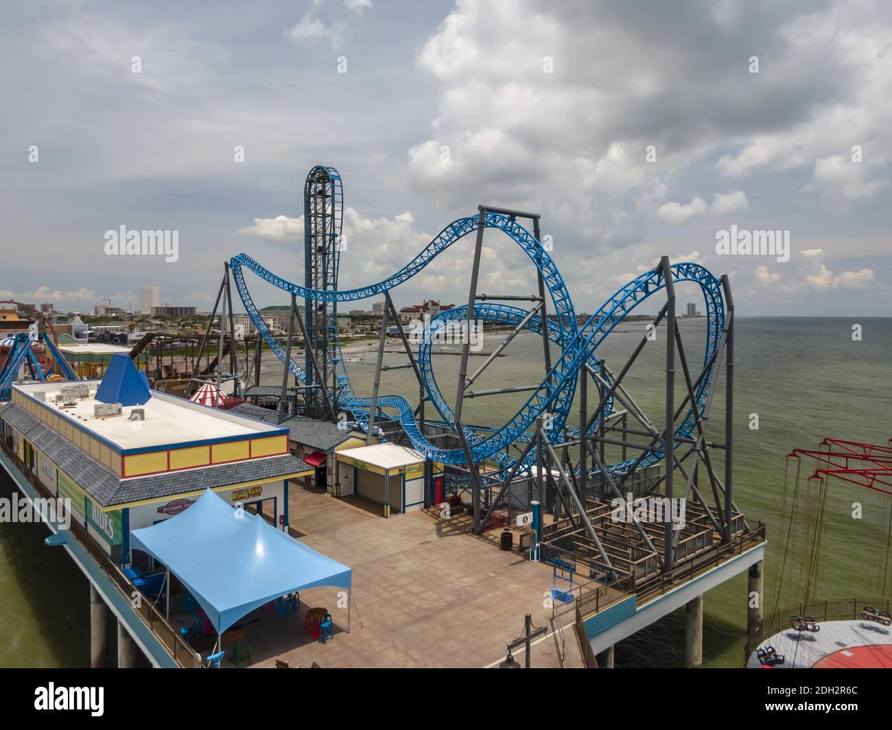 Luftaufnahmen vom Pleasure Pier in Galveston Island, TX Stockfoto