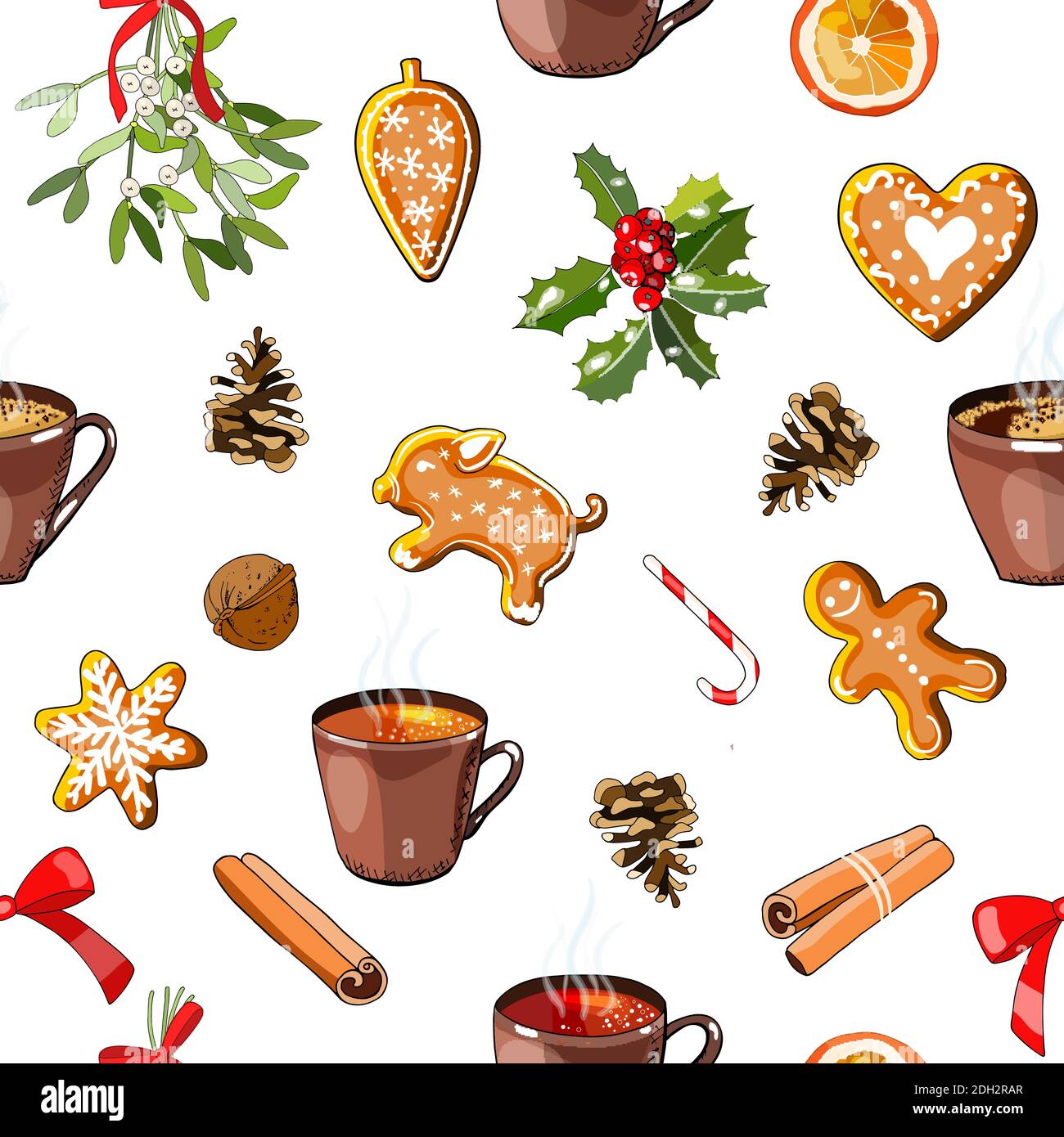 Nahtloser Hintergrund mit Symbolen von Weihnachten, Tassen Kaffee und Tee. Vektor handgezeichnete Illustration. Stock Vektor