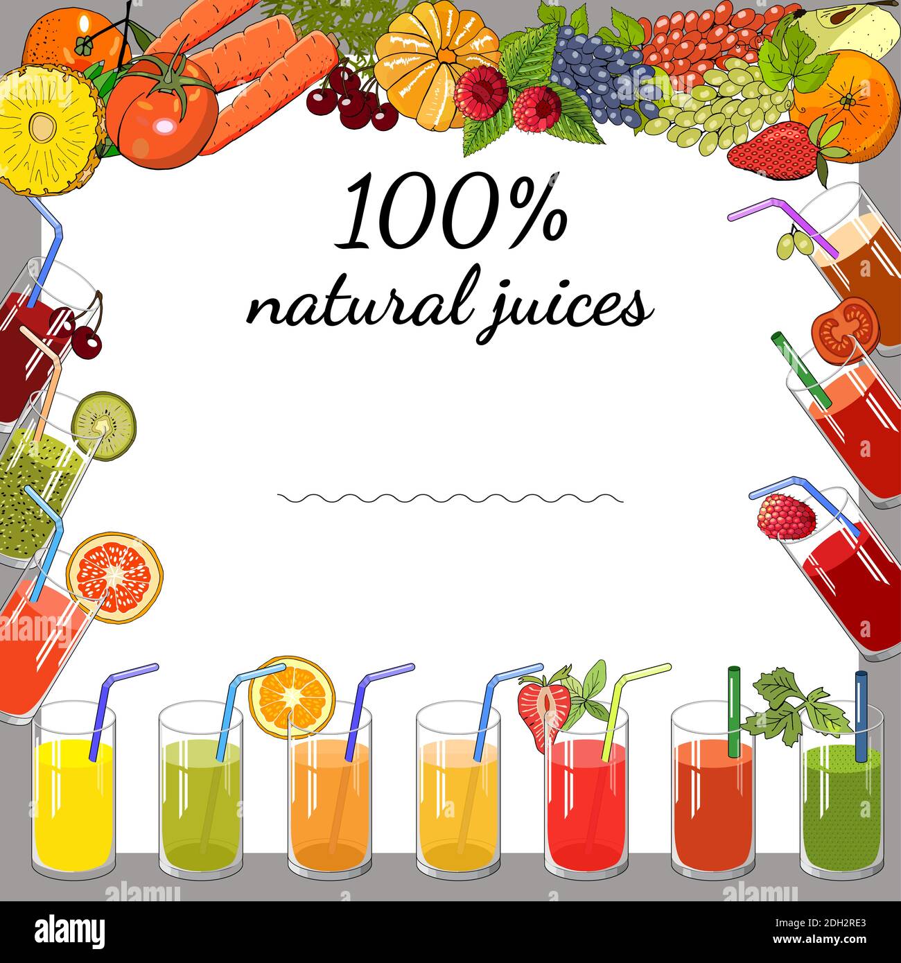 Natürliche Saftvorlage. Vektor handgezeichnete Illustration für Ihr Design, Ankündigungen, Karten, Poster, Restaurant-Menü. Stock Vektor