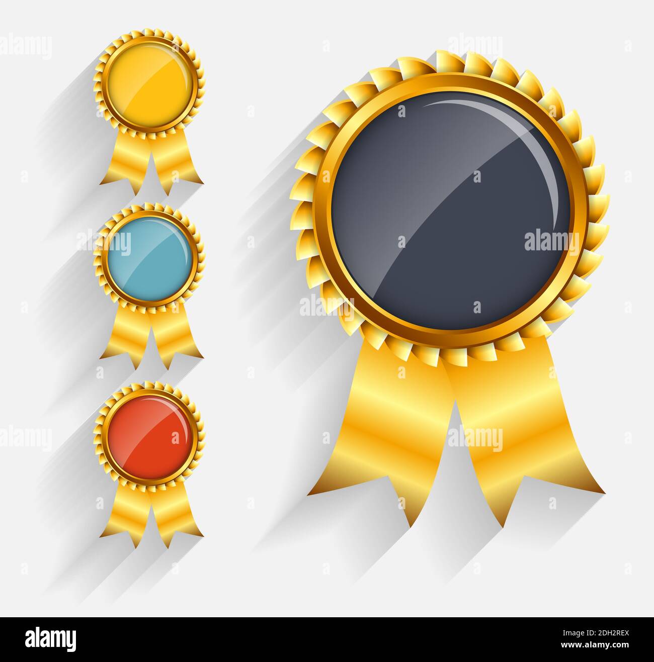 Gold Label Set mit rotem Band. Stockfoto