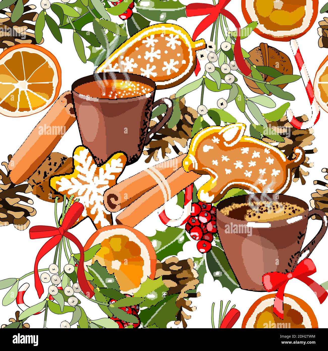 Nahtloser Hintergrund mit Symbolen von Weihnachten, Tassen Kaffee und Tee, Symbole von Weihnachten. Vektor handgezeichnete Illustration. Stock Vektor