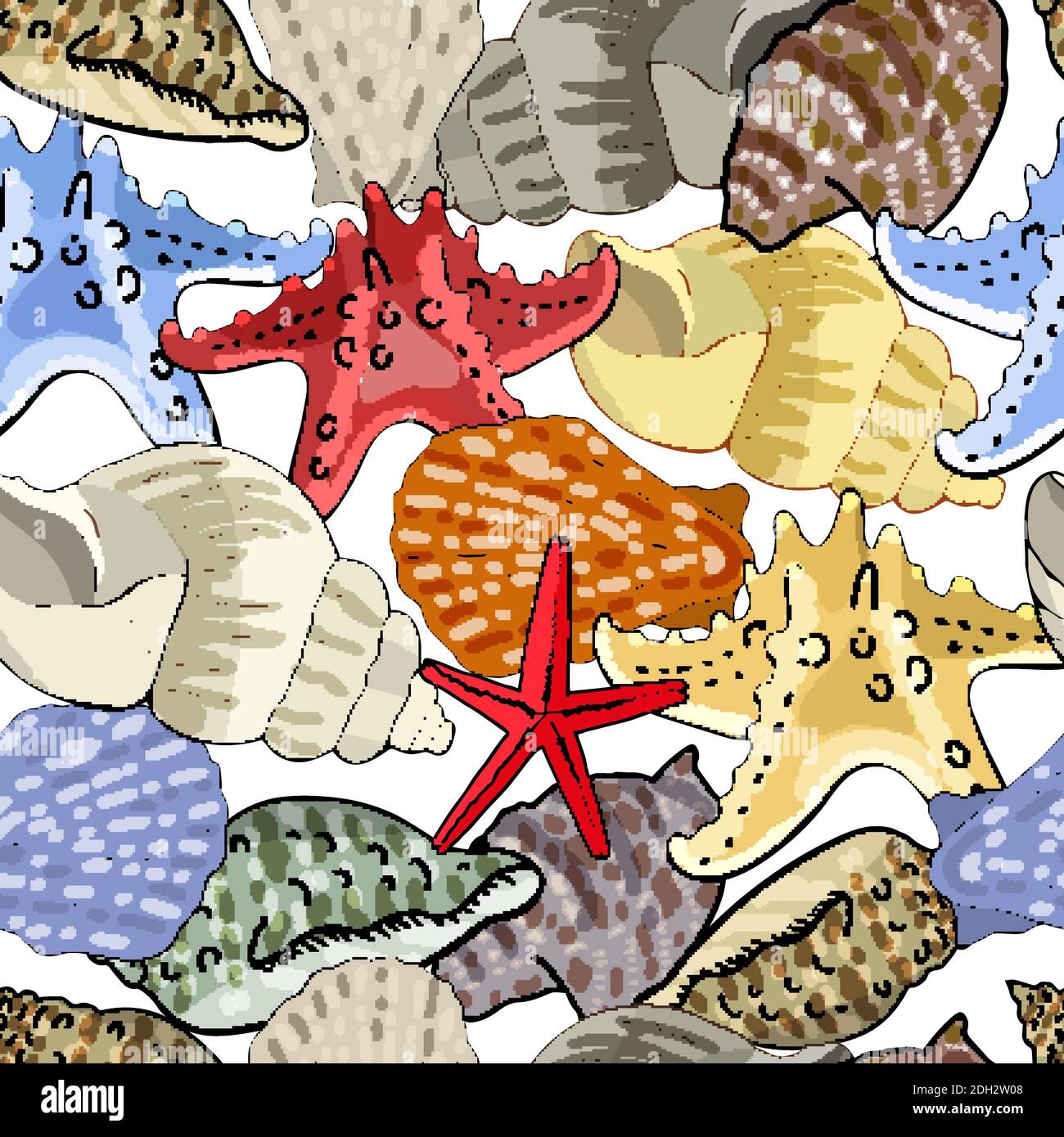 Nahtloses Muster mit Muscheln. Vektor handgezeichnete Illustration. Ausgezeichneter Druck für Grußkarten, Kleidung, Stoff, Geschenkbox. Stock Vektor