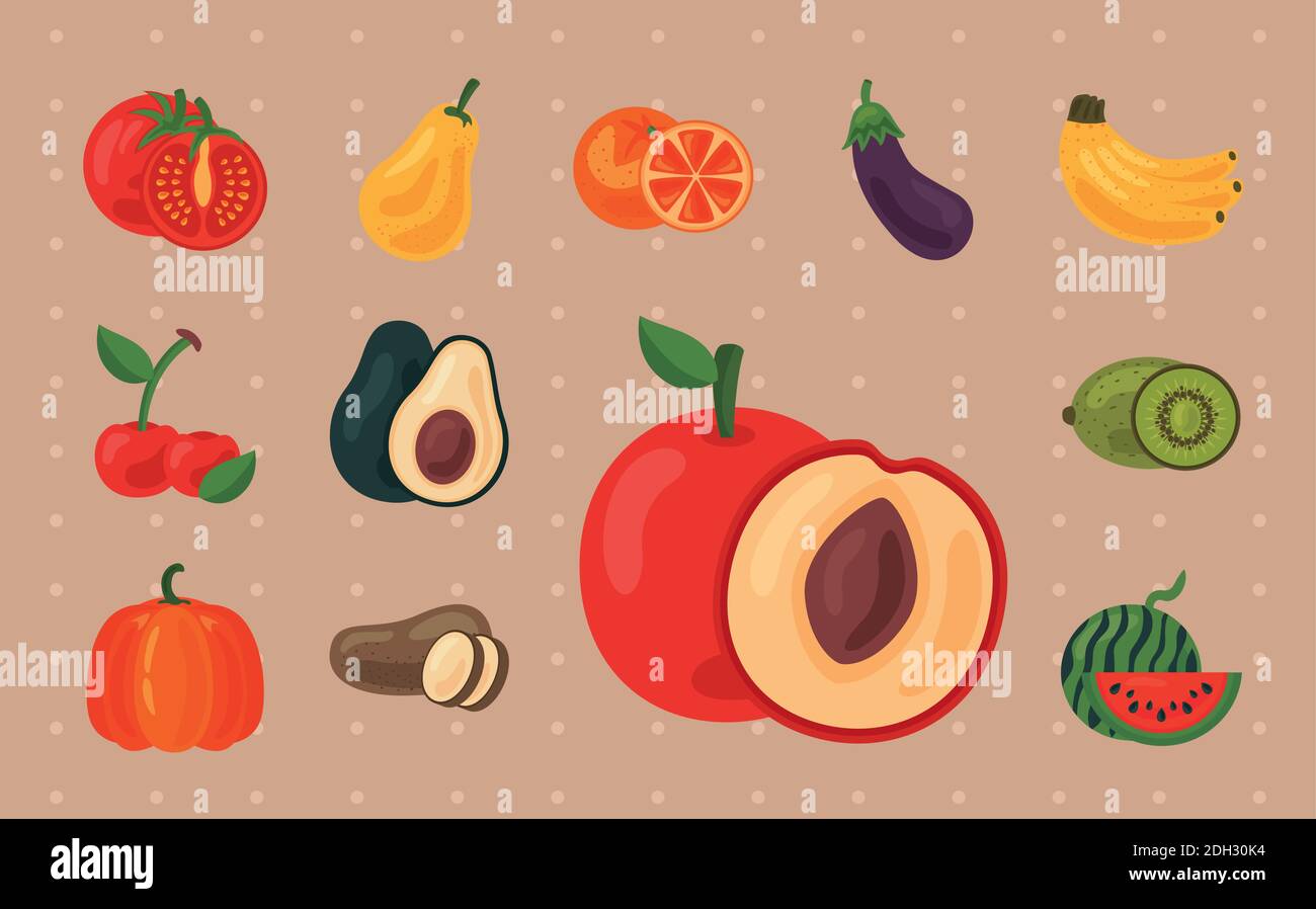 Bündel von zwölf frischen Früchten und Gemüse gesunde Lebensmittel-Set Symbole Vektor Illustration Design Stock Vektor