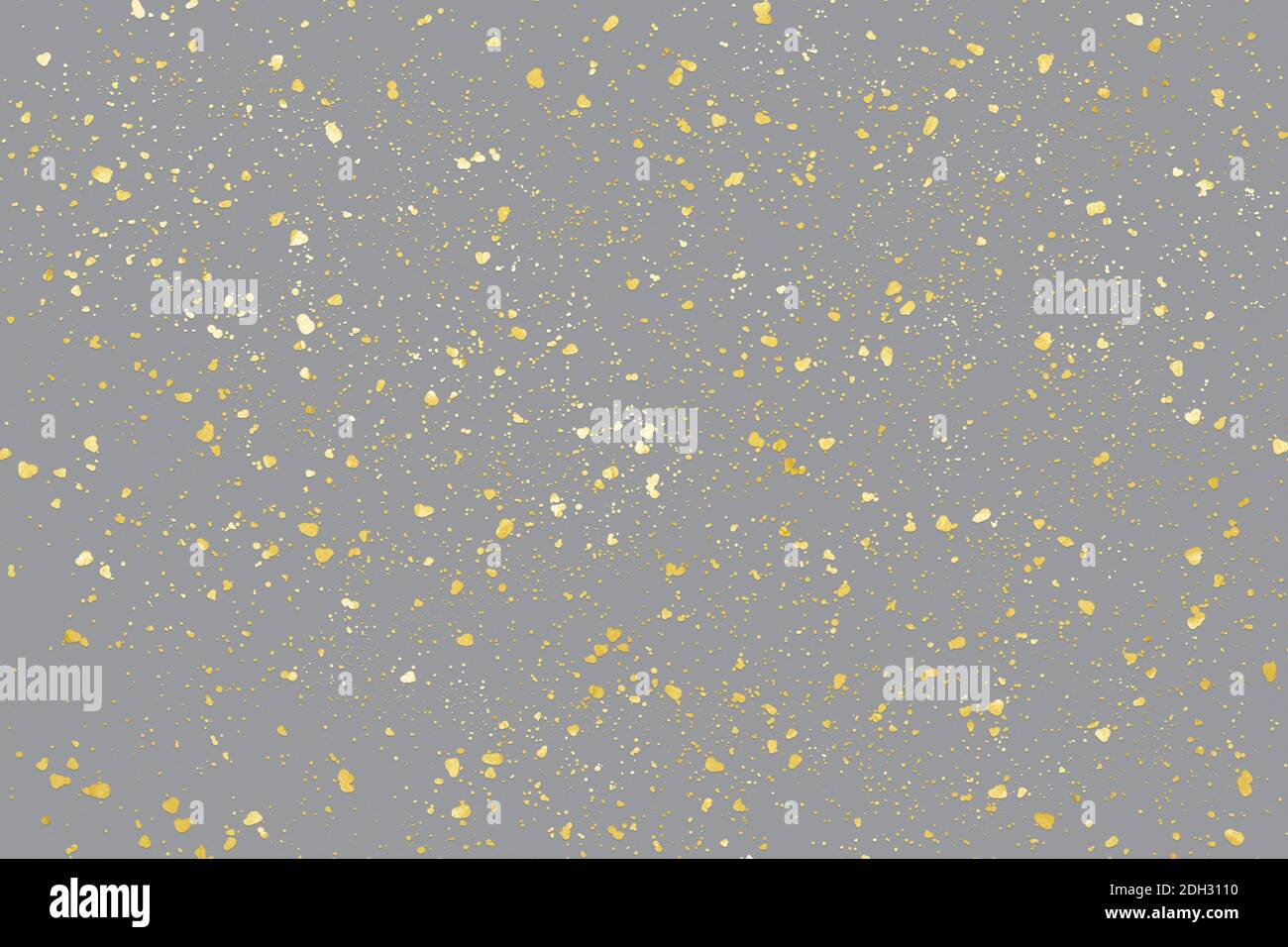 Illuminating Golden Partikel im Urlaub Ultimate Grau Hintergrund. Gelbe Splatten, Farbe des Jahres 2021. Stockfoto