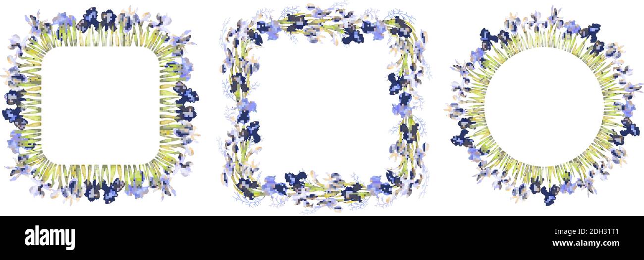 Romantische Rahmen mit Iris. Vektor handgezeichnete Illustration für Design-Geschenkboxen, Ankündigungen, Postkarten, Poster, Einladungen, Visitenkarte. Stock Vektor