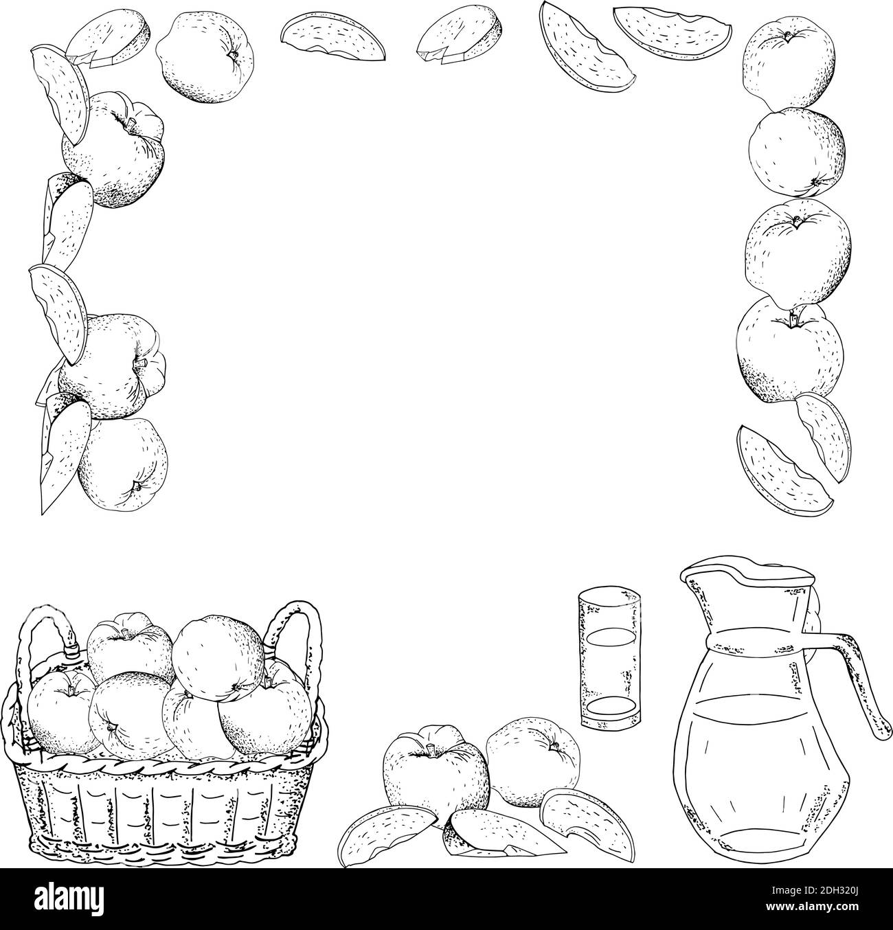 Quadratische Schablone mit Äpfeln, Apfelscheiben. Handgezeichnete Abbildung von Lebensmitteln. Stock Vektor