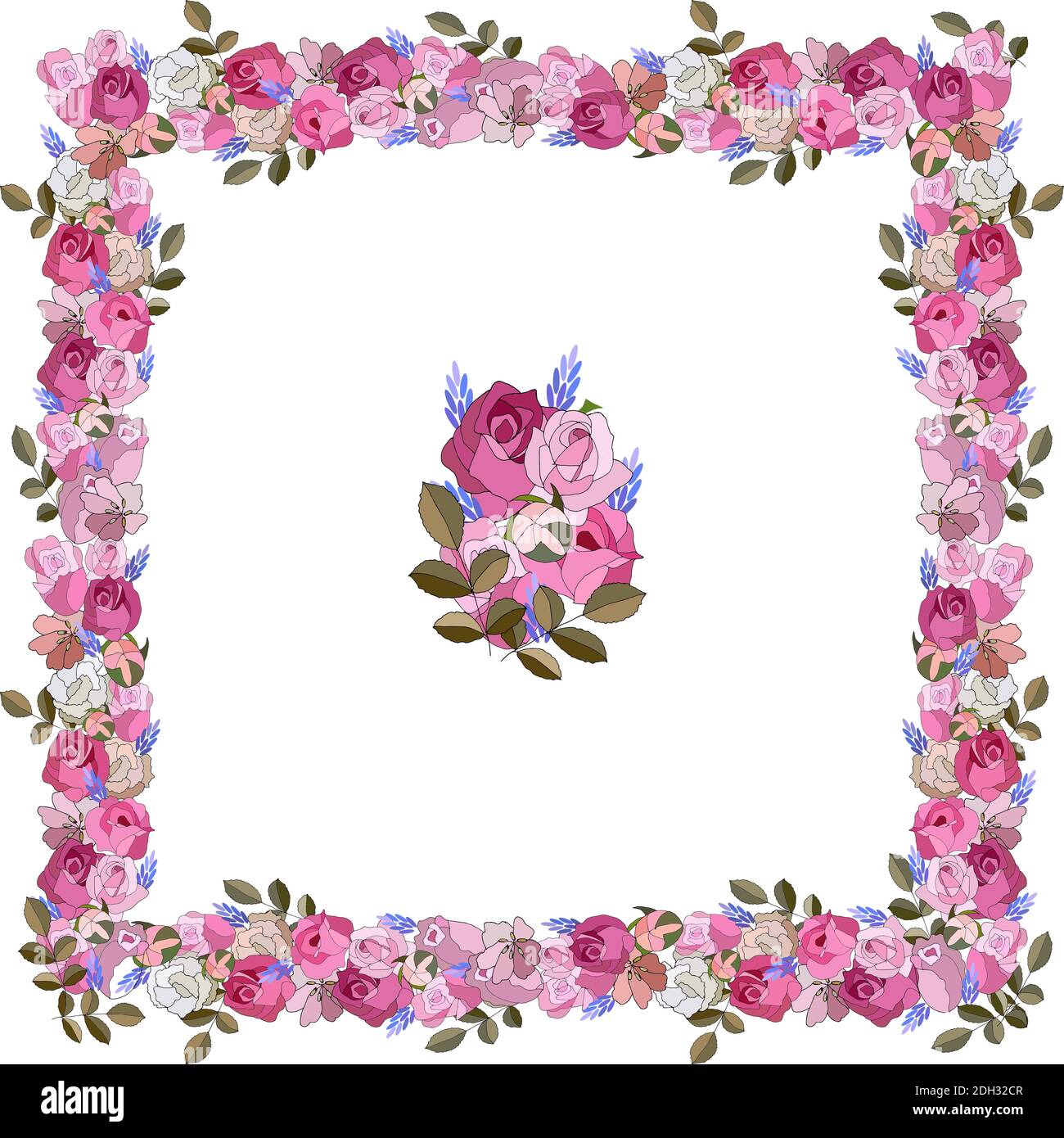 Handgezeichnete Vintage-Karte mit Blumenrose, Blätter auf weißem Hintergrund. Hochzeit Ornament Konzept. Blumenposter, Einladung. Vektor dekorative Grußkarte Stock Vektor