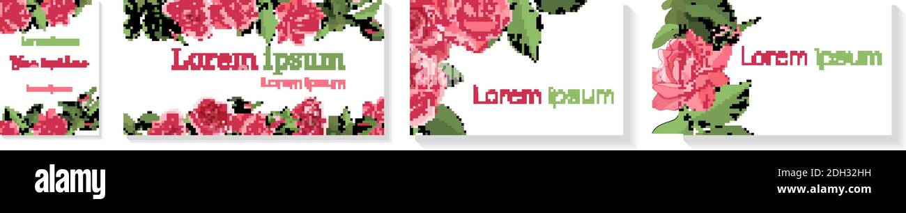 Handgezeichnete Karten mit rosa Rosen, Blättern, Knospen und einer offenen Blume. Blumenrose, grüne Blätter. Stock Vektor