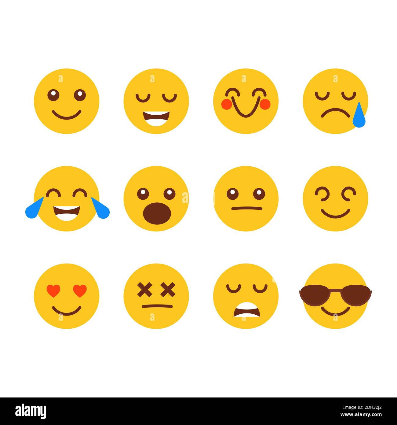 Sammlung von flachen Emoticons mit verschiedenen Gesichtern. Cartoon gelbe Smiley-Symbole, die lächeln, lachen, in der Liebe, Traurigkeit, lustige set. Vektorgrafik Stock Vektor