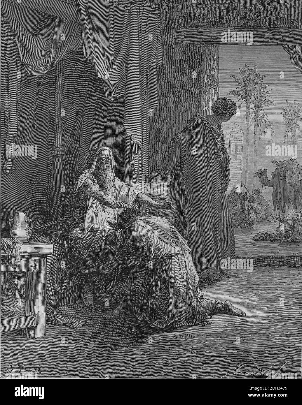 Isaak wird von Jacob Genesis getäuscht. Kegel 27. Gravur von Gustave Dore (1832-1883). Stockfoto