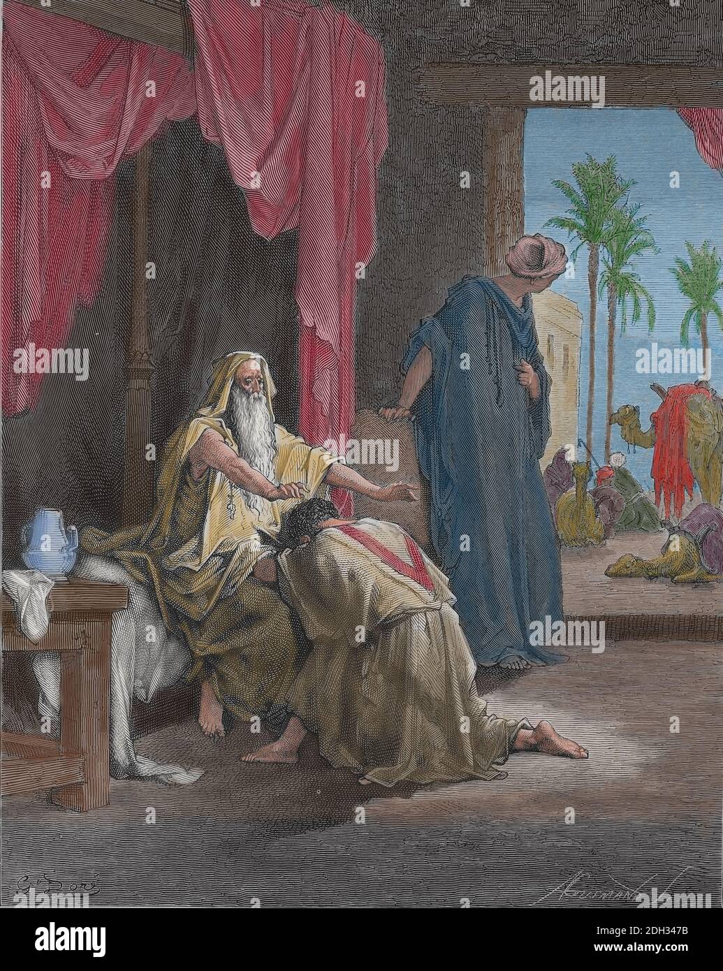 Isaak wird von Jacob Genesis getäuscht. Kegel 27. Gravur von Gustave Dore (1832-1883). Stockfoto