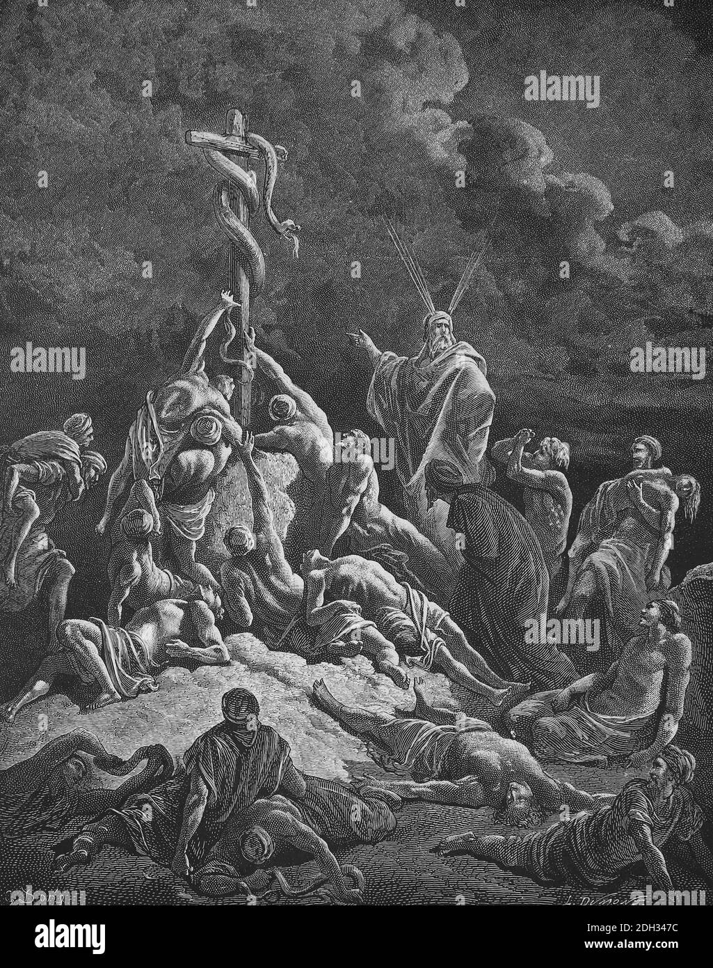 Gott sendet feurige Schlangen unter das Volk. Zahlen. Kapitel 21. Gravur von Gustave Dore (1832-1883). Stockfoto