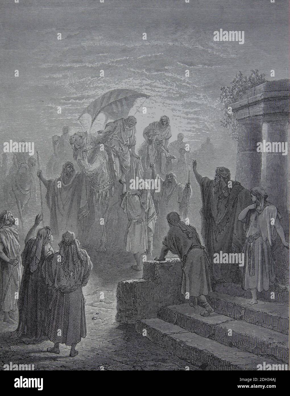 Altes Testament. Genesis. Kapitel 24. Das Treffen von Isaak und Rebeckah. Gravur von Gustave Dore (1832-1883). Stockfoto
