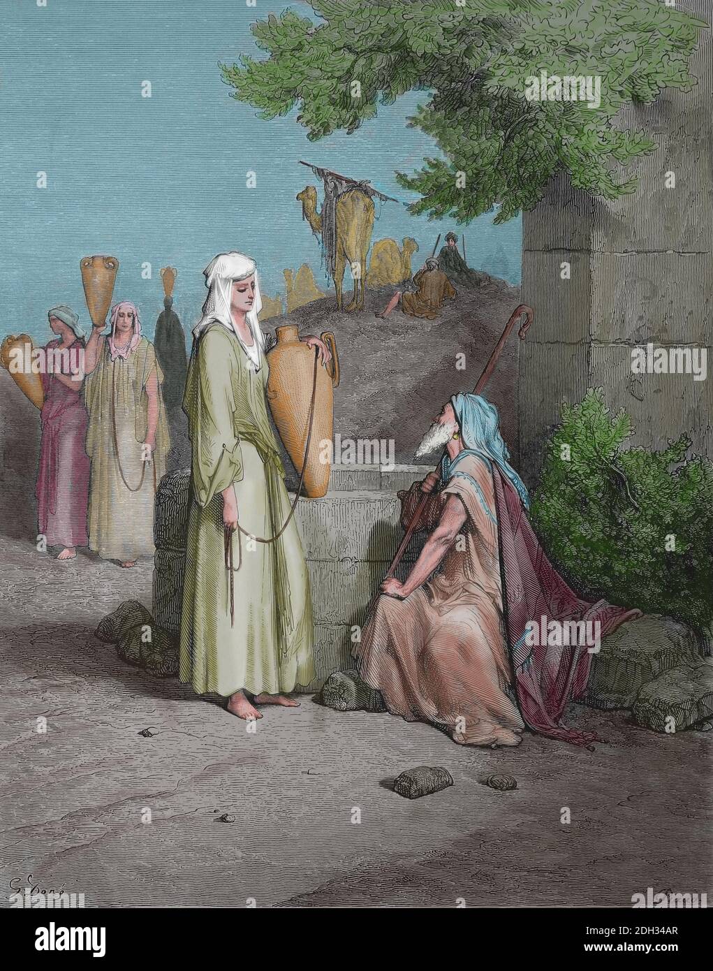 Altes Testament. Genesis. Kapitel 24. Rebekka gibt Abrahams Knecht (Eliezer) Wasser. Gravur von Gustave Dore (1832-1883) Stockfoto