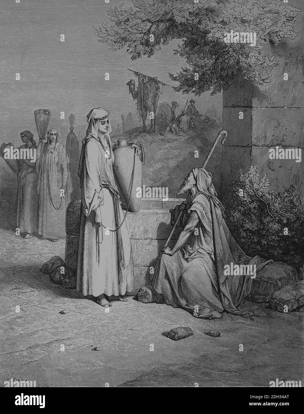 Altes Testament. Genesis. Kapitel 24. Rebekka gibt Abrahams Knecht (Eliezer) Wasser. Gravur von Gustave Dore (1832-1883) Stockfoto