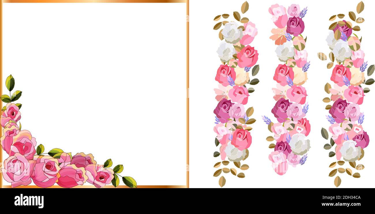 Handgezeichnete Vintage-Karte mit Blumenrose, Blätter auf weißem Hintergrund. Hochzeit Ornament Konzept. Blumenposter, Einladung. Vektor dekorative Grußkarte Stock Vektor