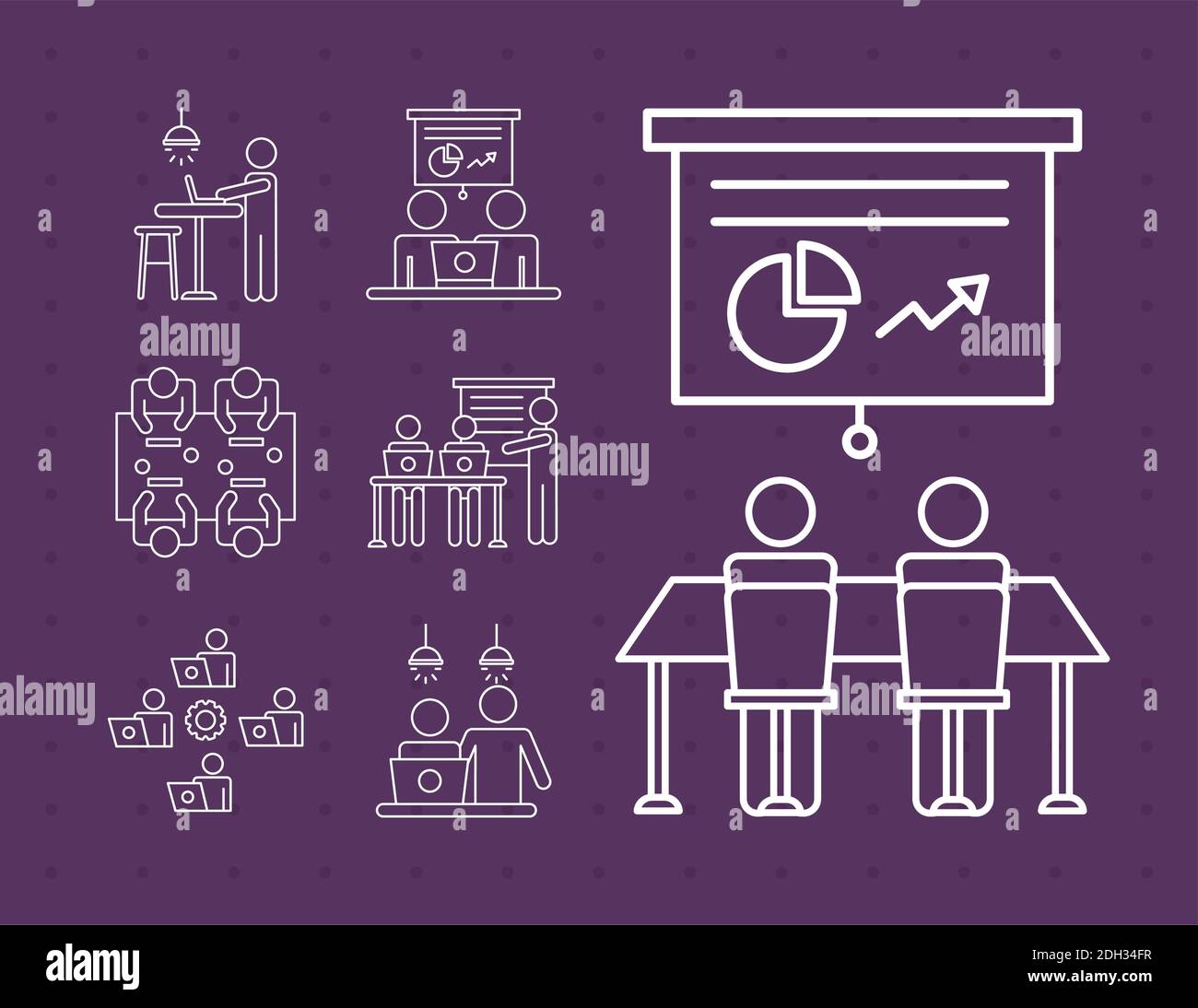 Bundle of Workers Avatare Coworking Line Style Icons in lila Hintergrund Vektor Illustration Design Stock Vektor