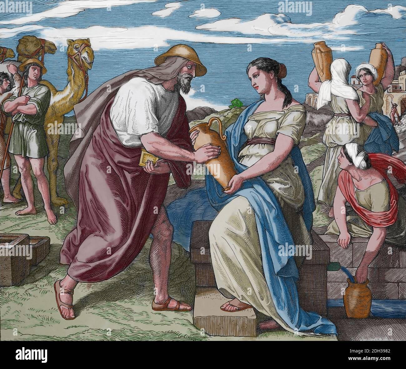 Altes Testament. Genesis. Kapitel 24. Rebekka gibt Abrahams Knecht (Eliezer) Wasser. Stich von Julios Schorr von Carolsfeld (1794-1872). Stockfoto