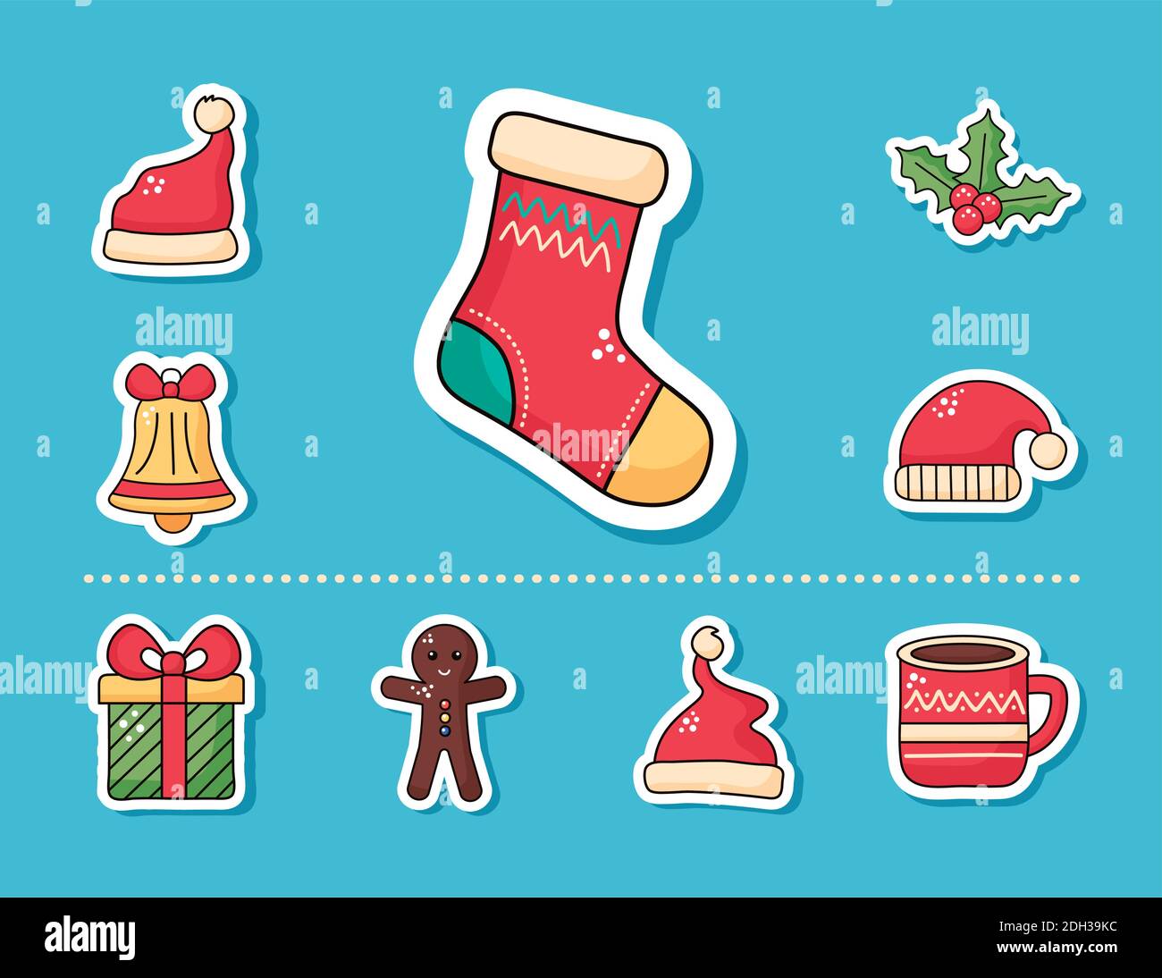 Happy Merry weihnachten Socke und Set Aufkleber Symbole Vektor-Illustration Design Stock Vektor