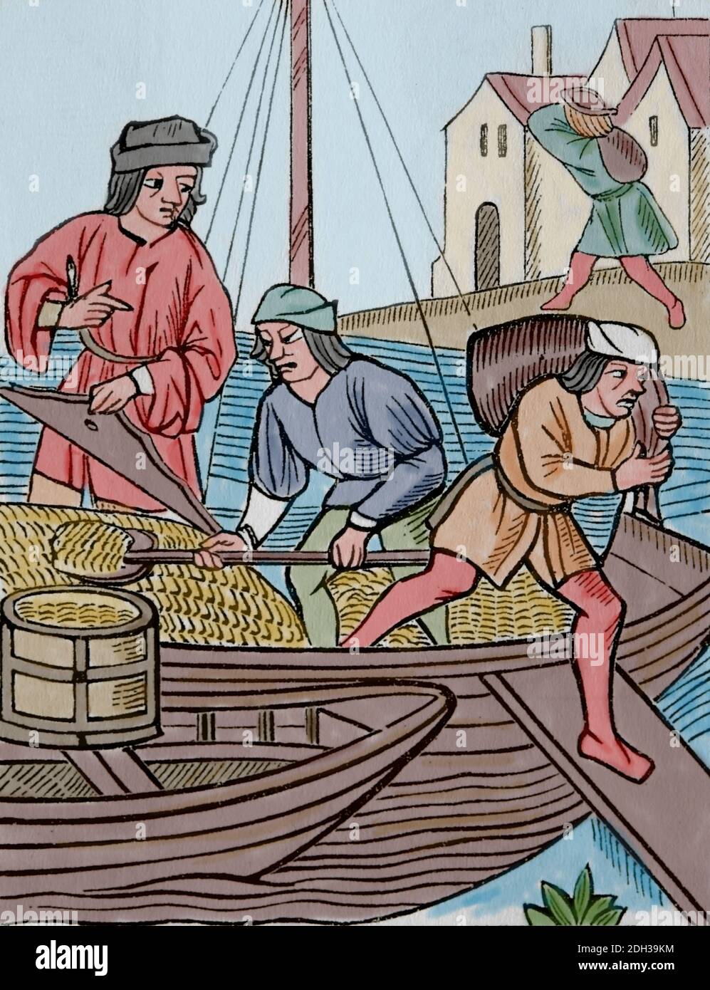 Mittelalter. Europa. Messen der Getreideprodukte, 1500. Gravur. Spätere Färbung. Stockfoto